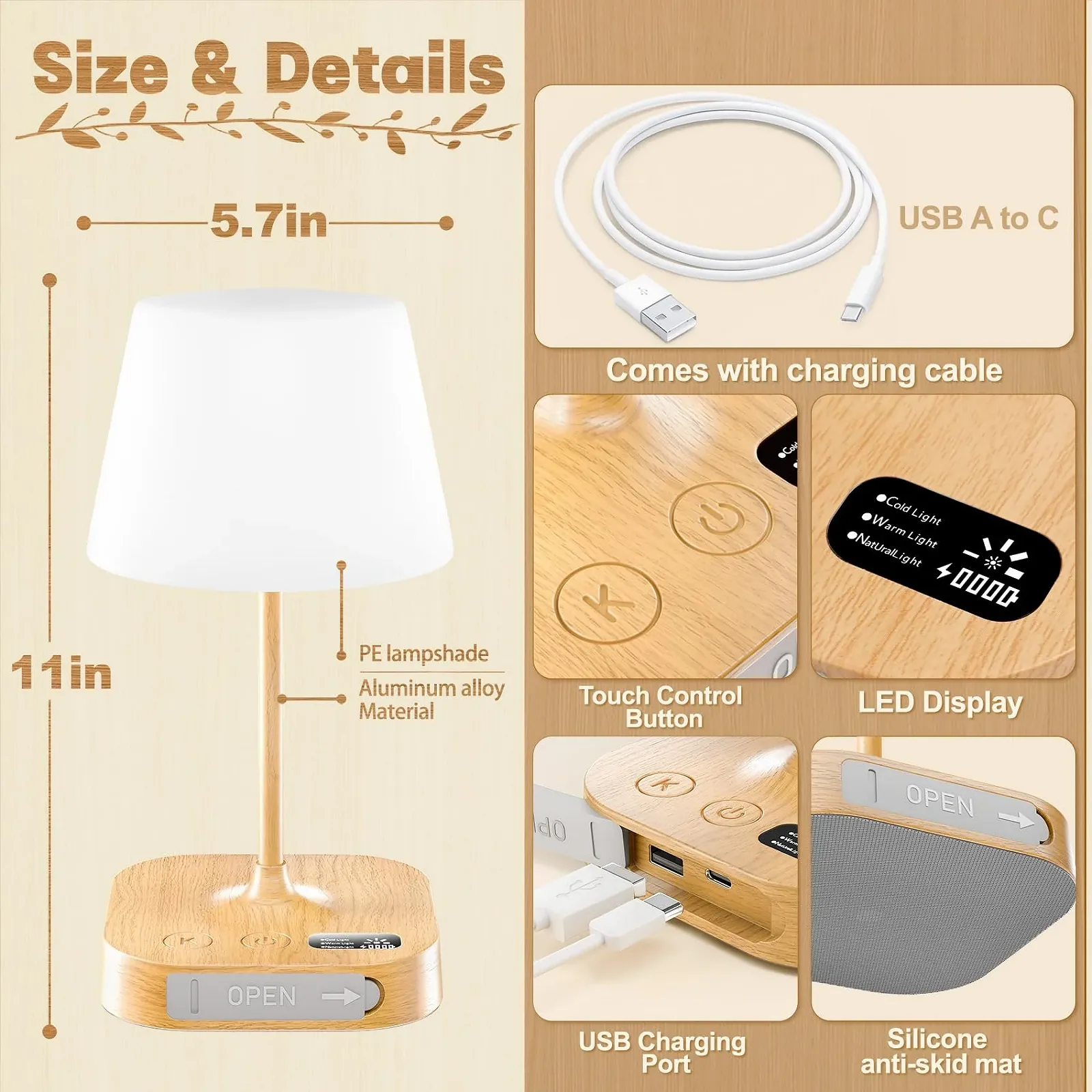Настільна лампа Anordsem LED акумуляторна 8000 мАг сенсорна вулична з 2 портами USB колір дерево, фото №4