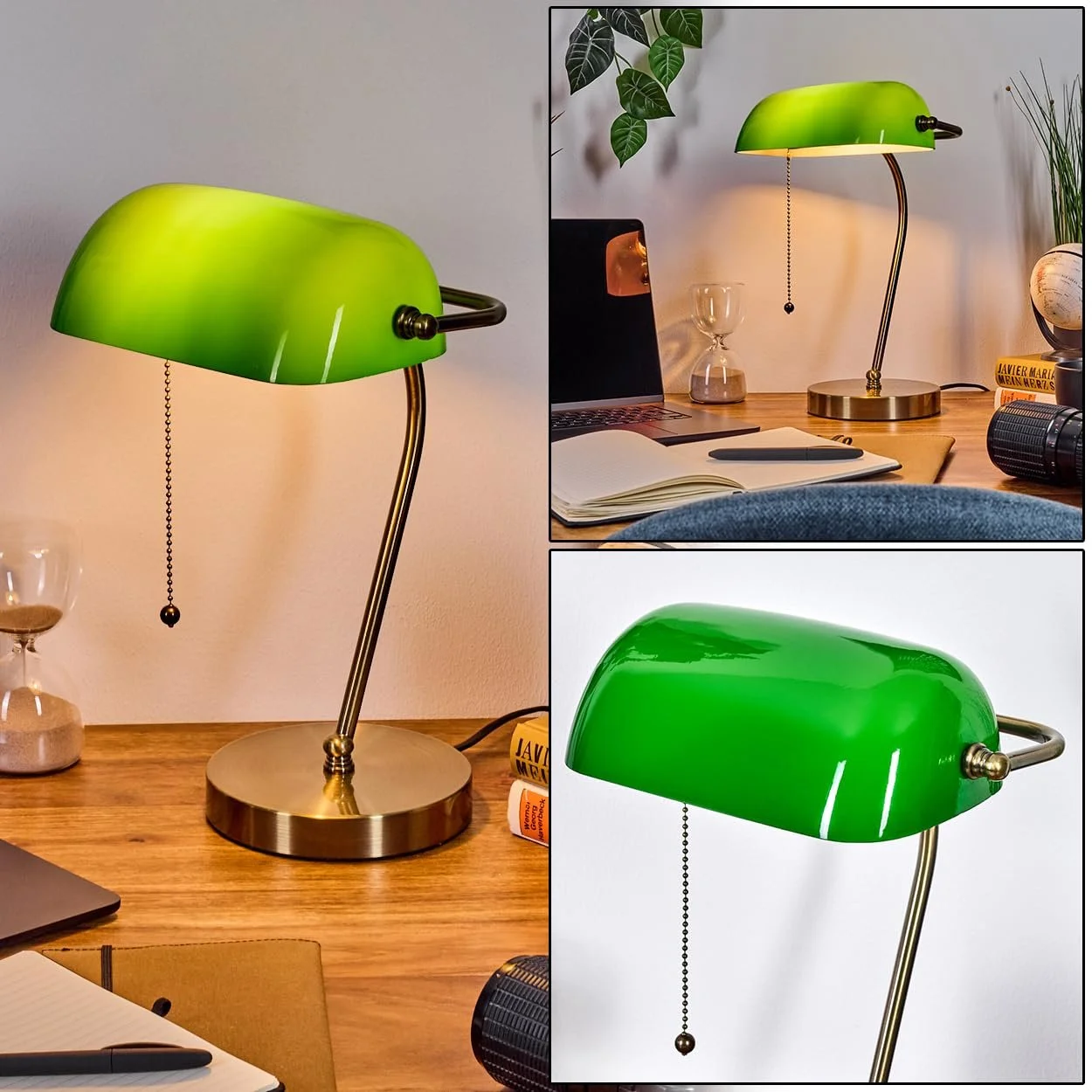 Настільна лампа HOFSTEIN Tremoceira Banker Lamp Ретро/Вінтаж Метал Скло Антична латунь Зелений 1 x E27 38 см, фото №2