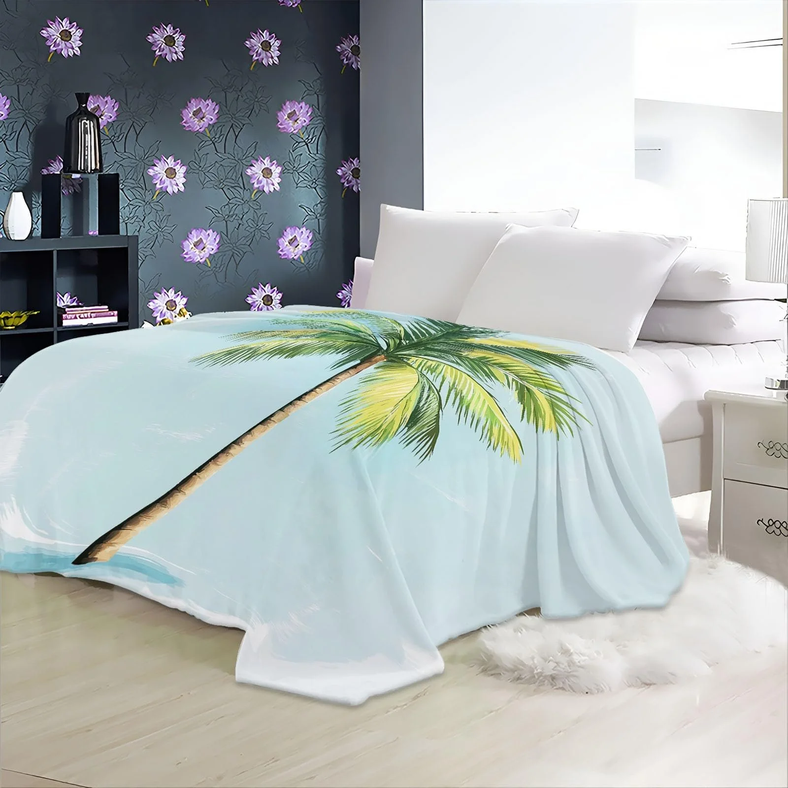Мягкий Плед, Иллюстрация акварельных пальм Высококачественный фланелевый материал, Зеленый Синий, 130 x 150 см Уютный и теплый для детей и взрослых, фото №6