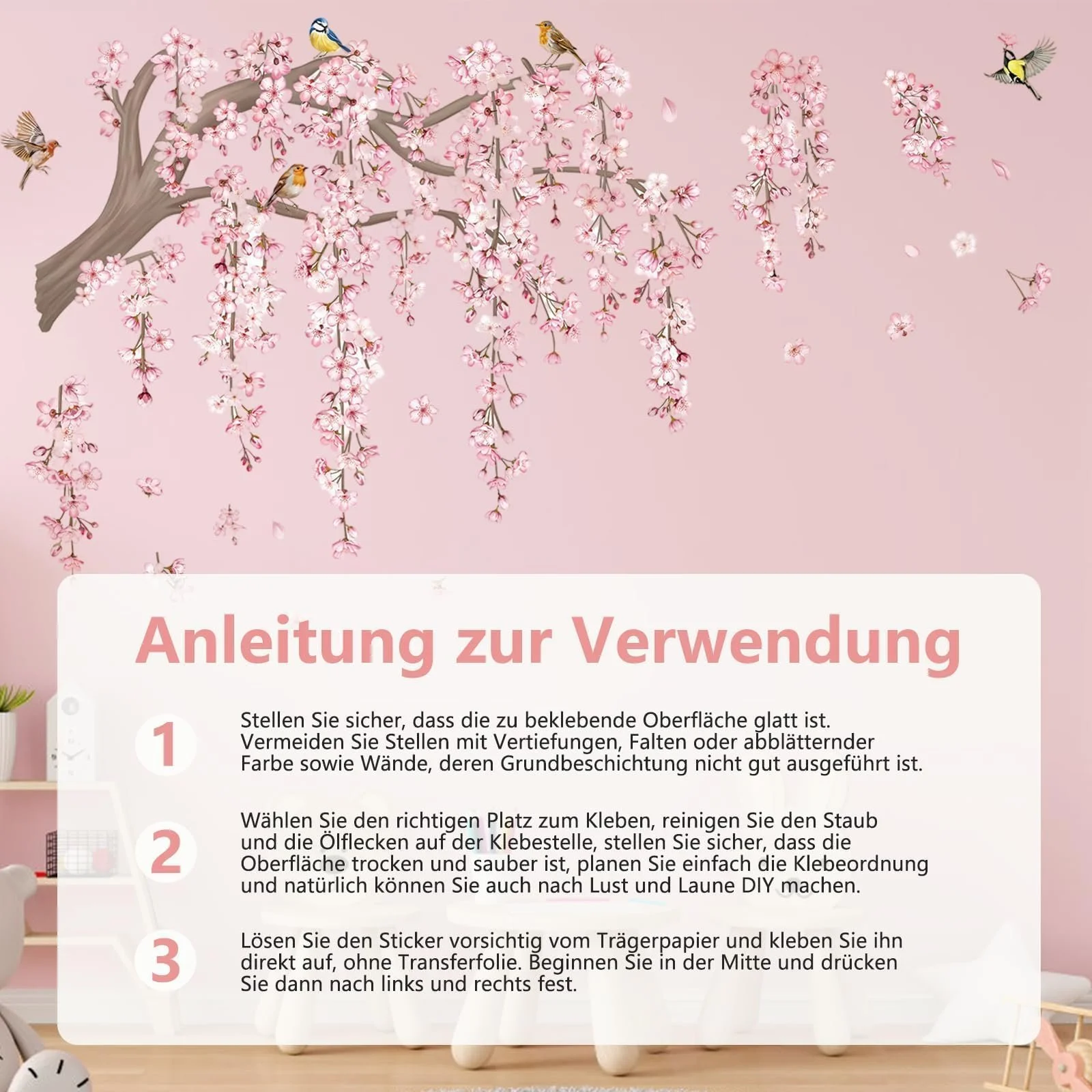 Наклейка на стіну Гілка квітучої сакури з птахами для дитячої спальні вітальні 30х90 см, фото №6