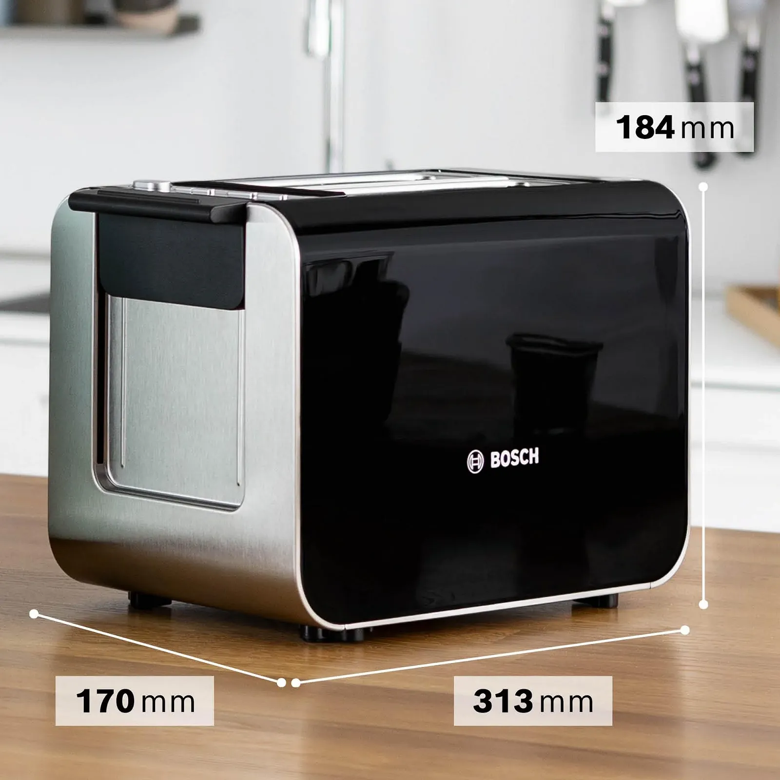 Тостер Bosch Styline TAT8613N, Вбудована насадка для булочок, Функція підйому, розморожування, Автоматичне вимкнення, Центрування хліба, 800 Вт, Нержавіюча сталь/Чорний, фото №3