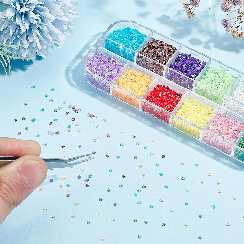 Стразы полукруглые Approx. 12000 штук, 12 цветов, 2 мм, смола, плоская задняя часть, граненые хрустальные стразы-кабошоны, фото №3