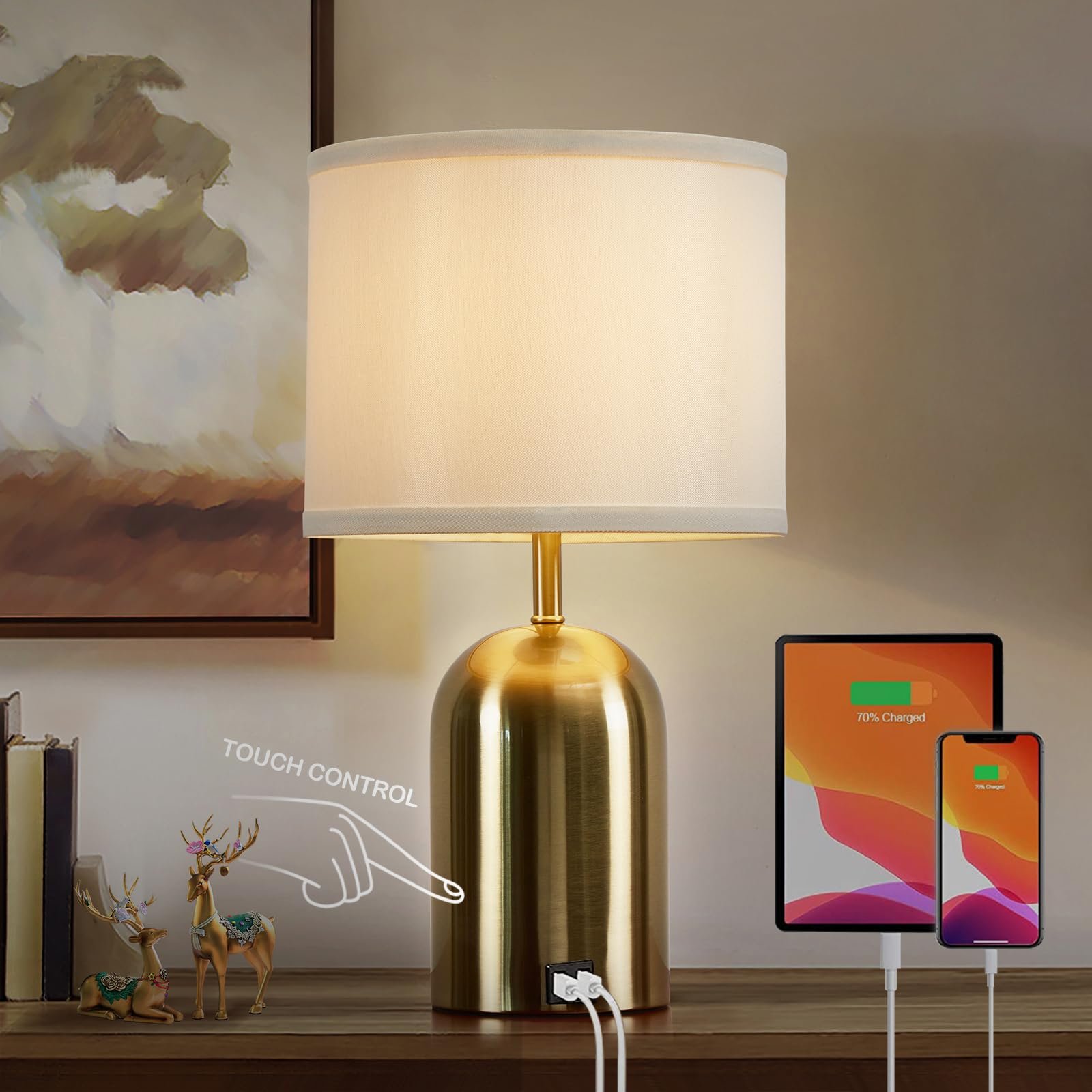 Настільна лампа GyroVu Modern Bedside Lamp з USB-портом, сенсорним керуванням та 3 рівнями яскравості, тканинний абажур золотиста основа, фото №1