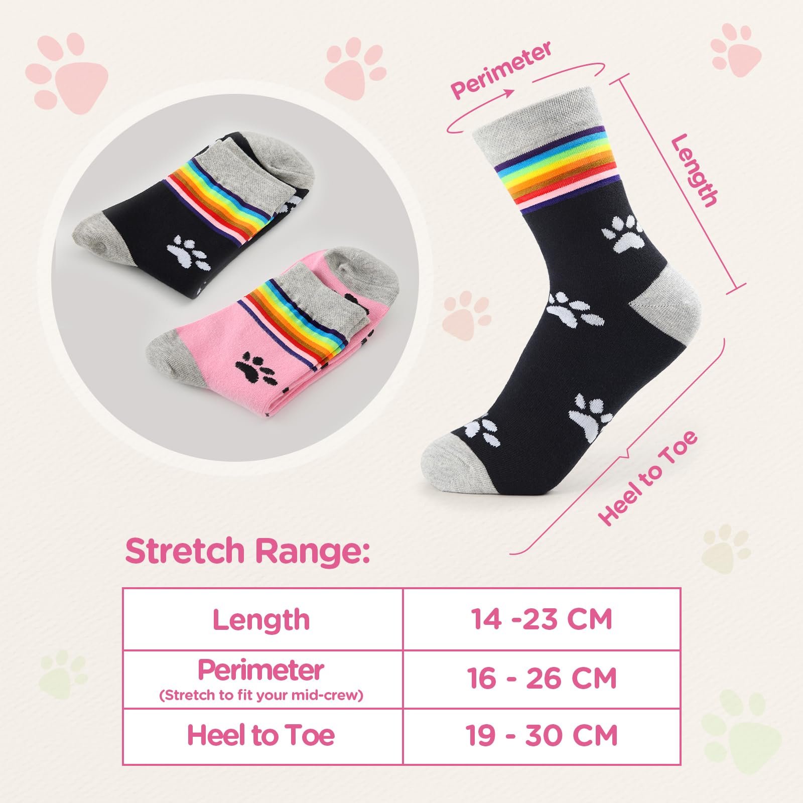 Носки LittleForBig Rainbow Cuff Kitten Paw Хлопок, 2 пары - Розовая с черной лапкой и Черная с белой лапкой, Черно-розовый, фото №4