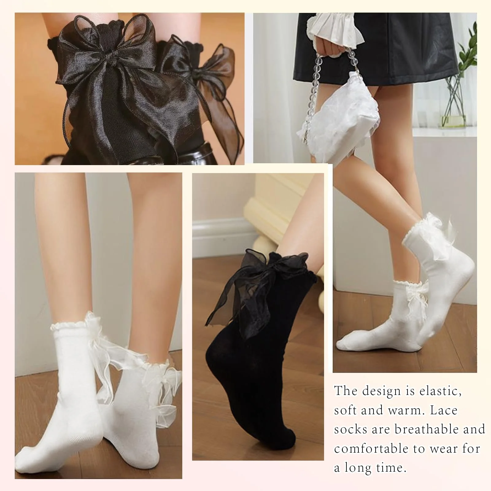 4 пары черно-белых носков с оборками и кружевом для женщин и девочек, балетные носки с вязаным кружевом, носки для платья принцессы с бантом, носки до середины голени для вечеринок, ежедневных фестивалей, фото №3