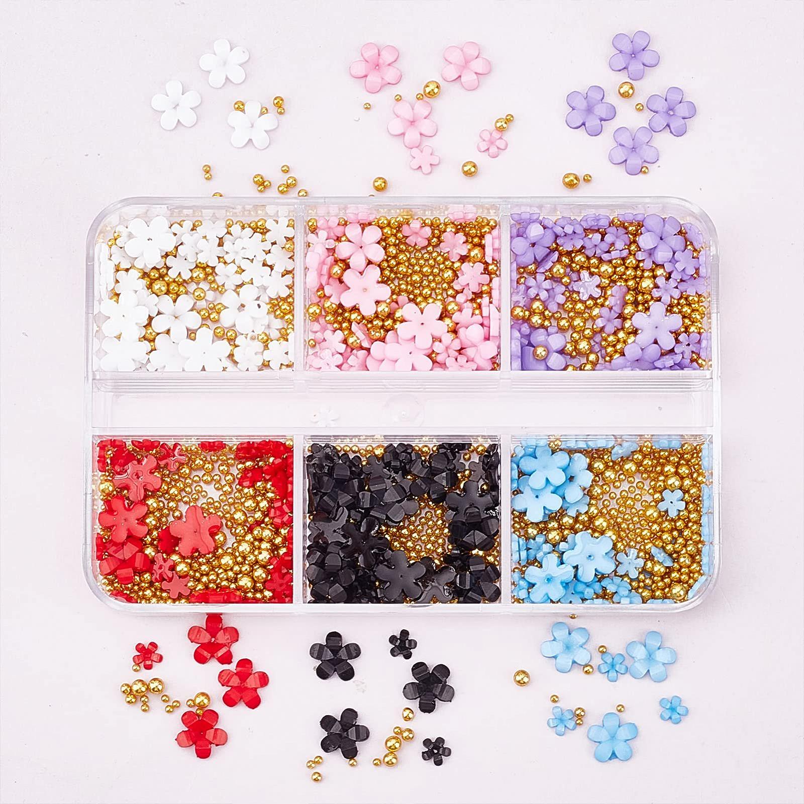 Цветок NICENEEDED 3D Украшения для ногтей с золотыми бусинами Пятилепестковый Цветок Камни для ногтей из акриловой смолы (6 цветов), фото №5