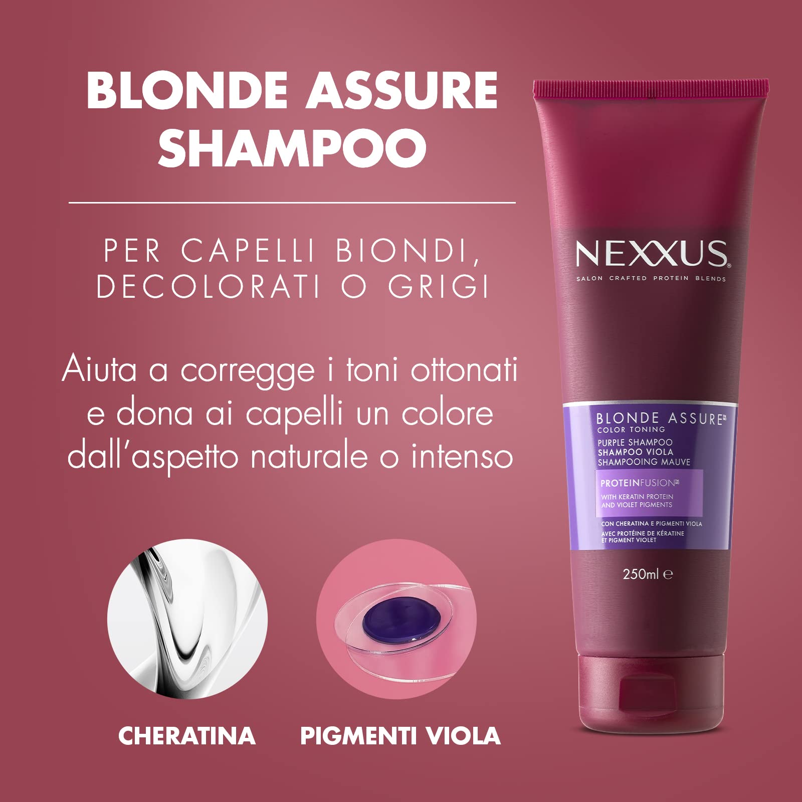 Шампунь Nexxus Blonde Assure для светлых, осветленных, платиновых или серых волос с кератином и формулой с фиолетовым пигментом. Упаковка 250 мл, фото №3