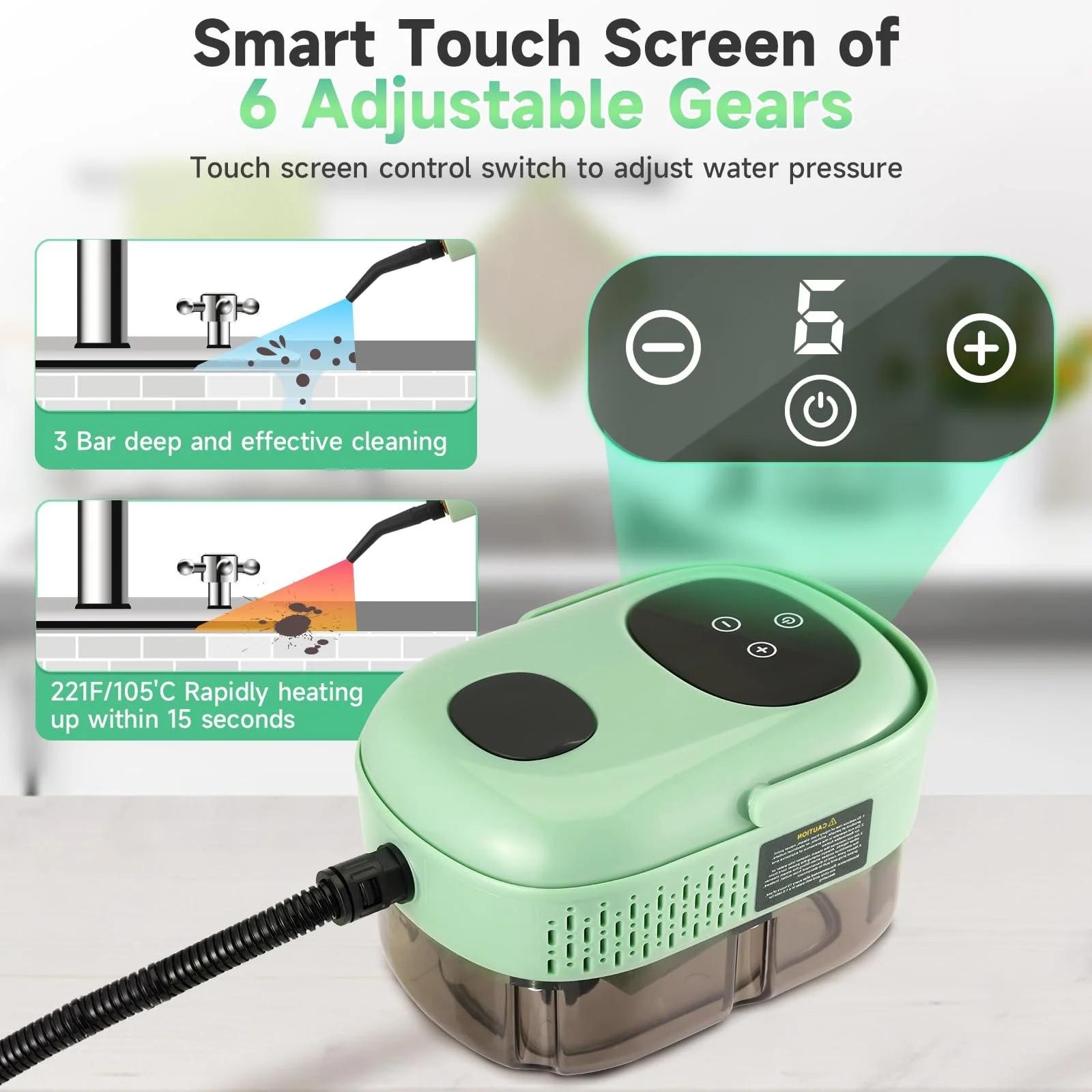 Пароочисник портативний 2500 Вт 1100 мл з 3 насадками-щітками Зелений, фото №4