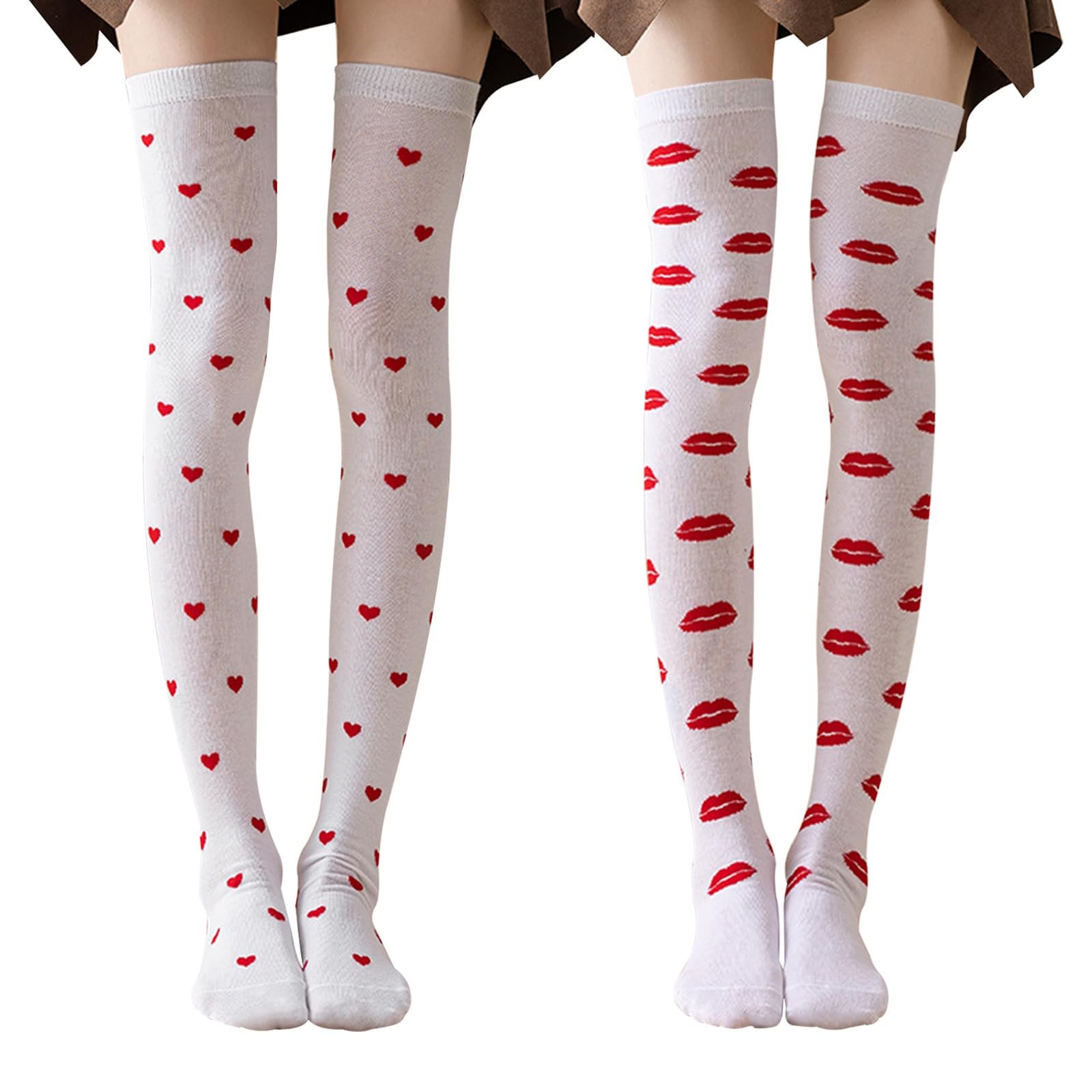 Женские чулки выше колена с узором сердца и губ, 2 пары, белые, фото №1