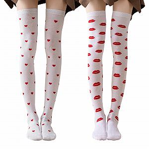 Женские чулки выше колена с узором сердца и губ, 2 пары, белые - Фото 1