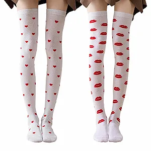 Жіночі шкарпетки вище коліна з візерунком серця та губ, 2 пари, білі - Фото 1