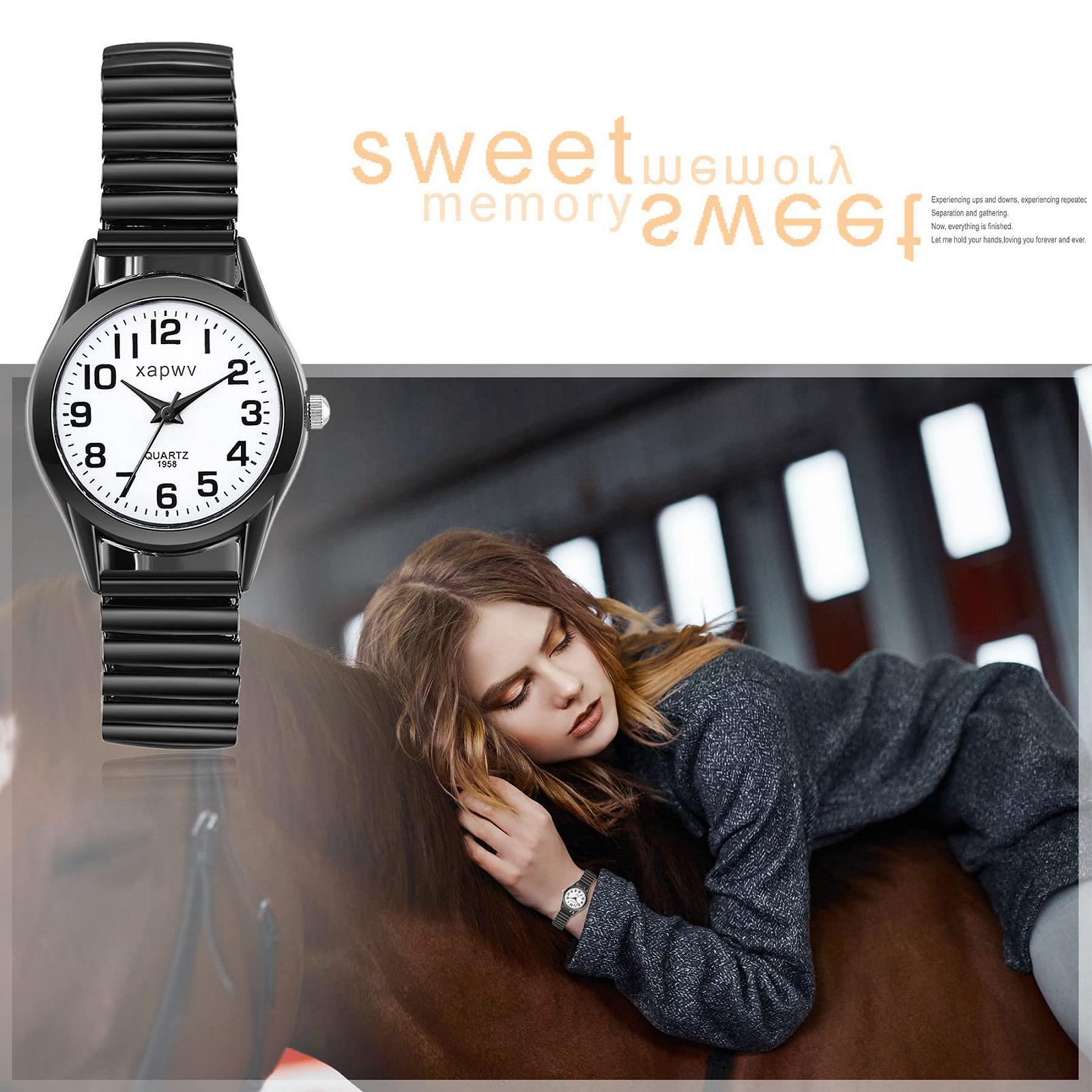 Наручные часы OIDEA Elastic для пар: винтажный прозрачный крупный шрифт аналоговый кварцевый механизм Unisex расширяющийся браслет черный золотой серебряный, фото №4
