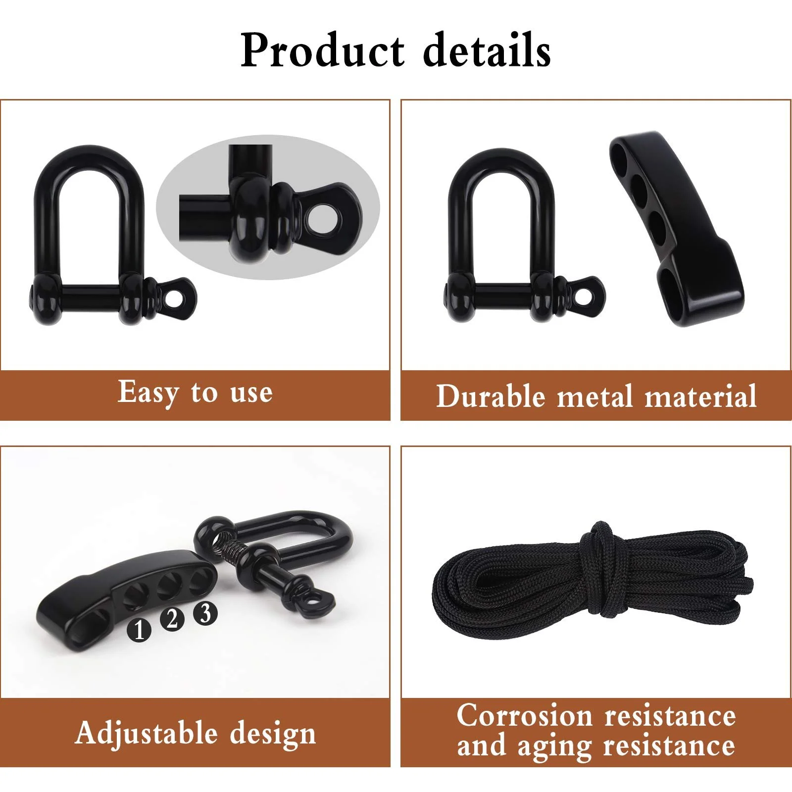 Набір для браслета з паракорду, комплект з 10 U-подібними скобами з нержавіючої сталі для виживання на відкритому повітрі, (чорний), фото №4