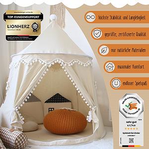 Намет для ігор LIONHERZ® The Original, бавовна та коноплі, казковий замок зі скловолоконними стрижнями, сумка, килимок та декор, міцний тіпі для хлопчиків та дівчаток, кремово-білий, з аксесуарами synthetic.ua - Фото 1