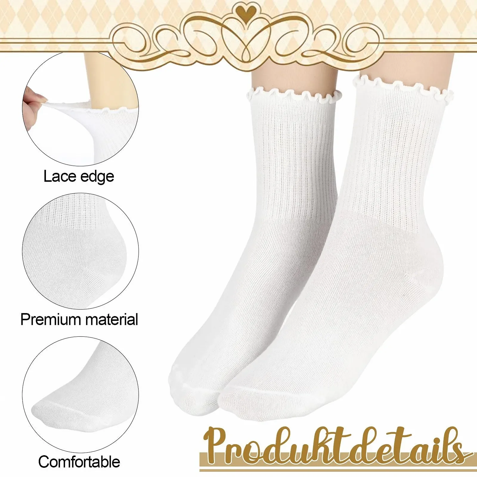 Носки с рюшами, 6 пар, хлопковые носки с рюшами, мягкие дышащие носки, белые, размер 35-39, фото №3