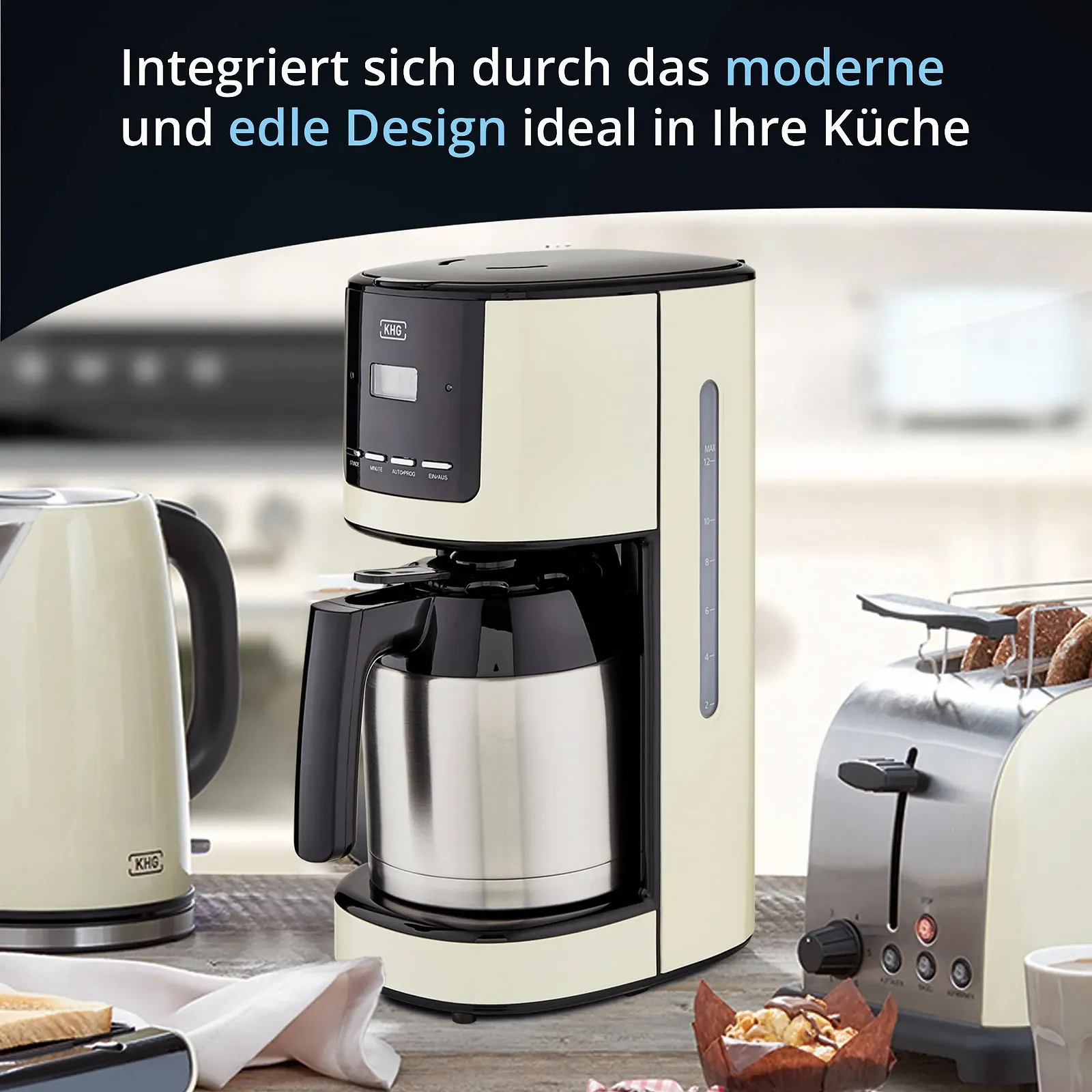 Капельная кофеварка KHG TKA-182 (CE) на 12 чашек с термокувшином из нержавеющей стали 1.5 л многоразовый фильтр автоматическое выключение LCD-дисплей Cream/Black/Silver, фото №2