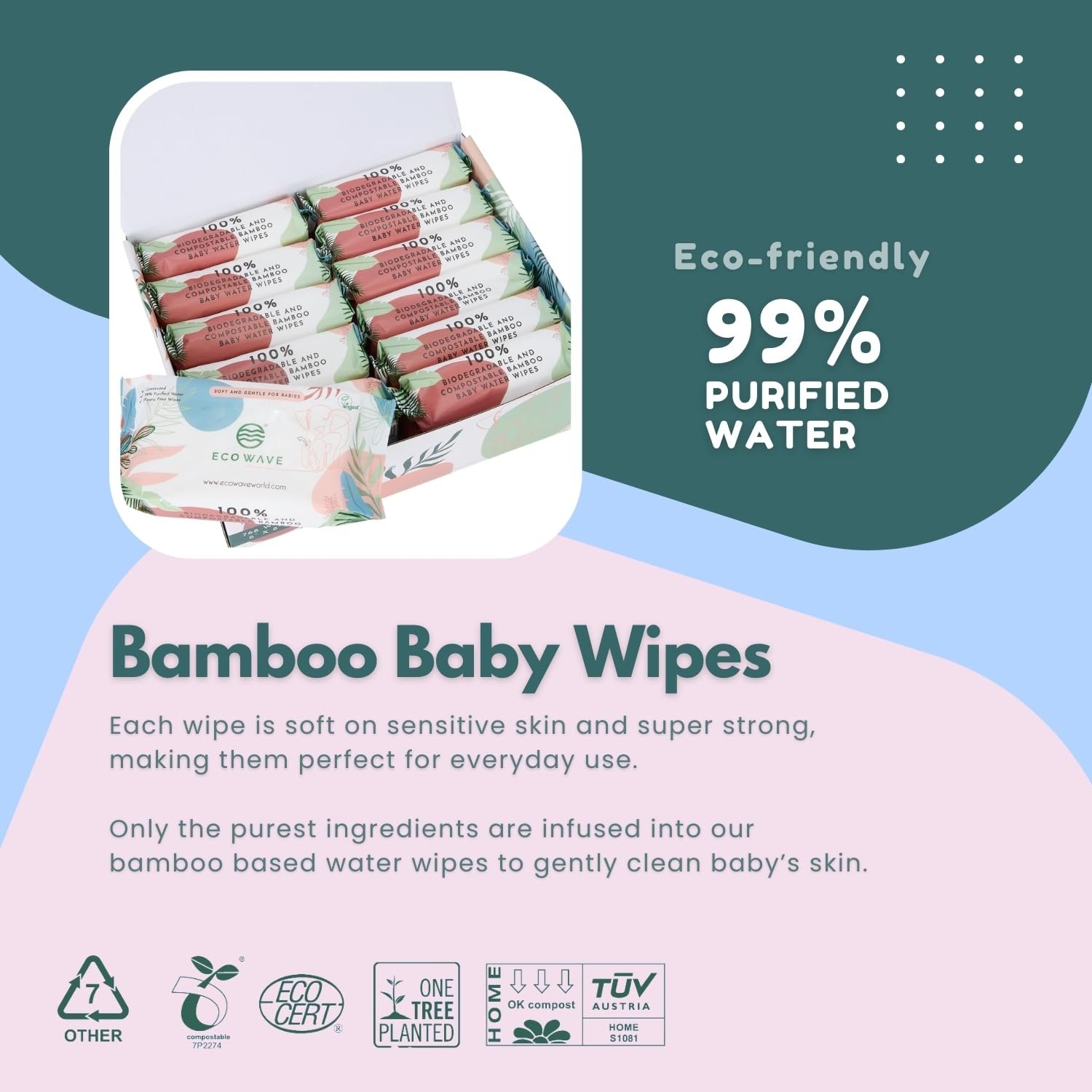 Дитячі серветки Eco Wave з бамбука, компостовані, без запаху, гіпоалергенні, веганські, без спирту, для чутливої шкіри (6 упаковок), фото №7