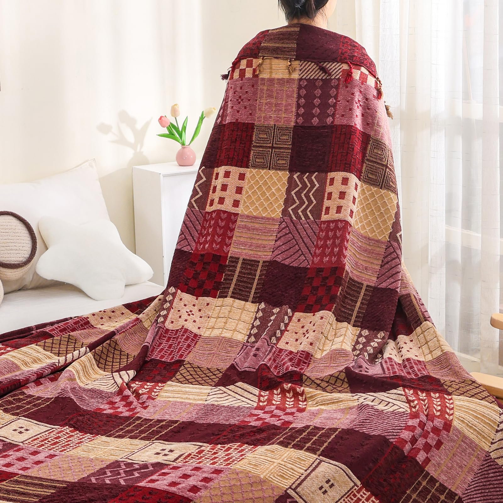 Покривало ткане Chenille HOORDRY Візерунок, двосторонній плед з бахромою, фото №8