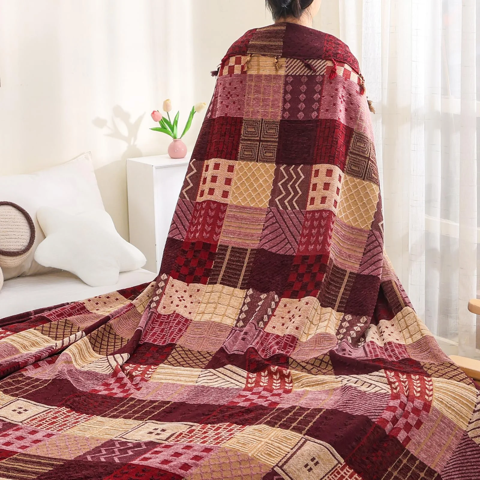 Покривало ткане Chenille HOORDRY Візерунок, двосторонній плед з бахромою, фото №8