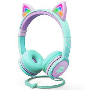 Навушники FosPower Kids with LED Glow Cat Ears 3.5mm Turquoise/Light Purple - Фото 1