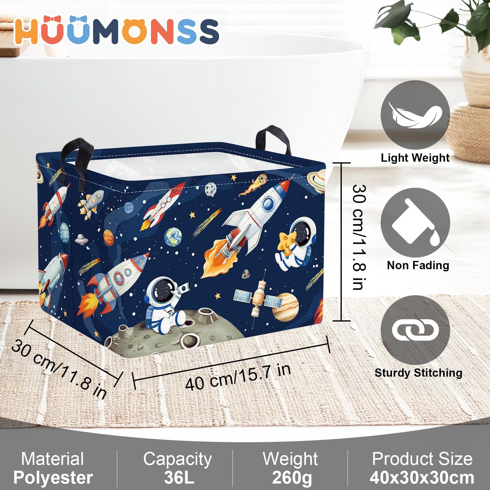 Корзина для игрушек HUUMONSS Космические ракеты Детская складная для мальчиков Большая, Синий, 36 л, фото №6