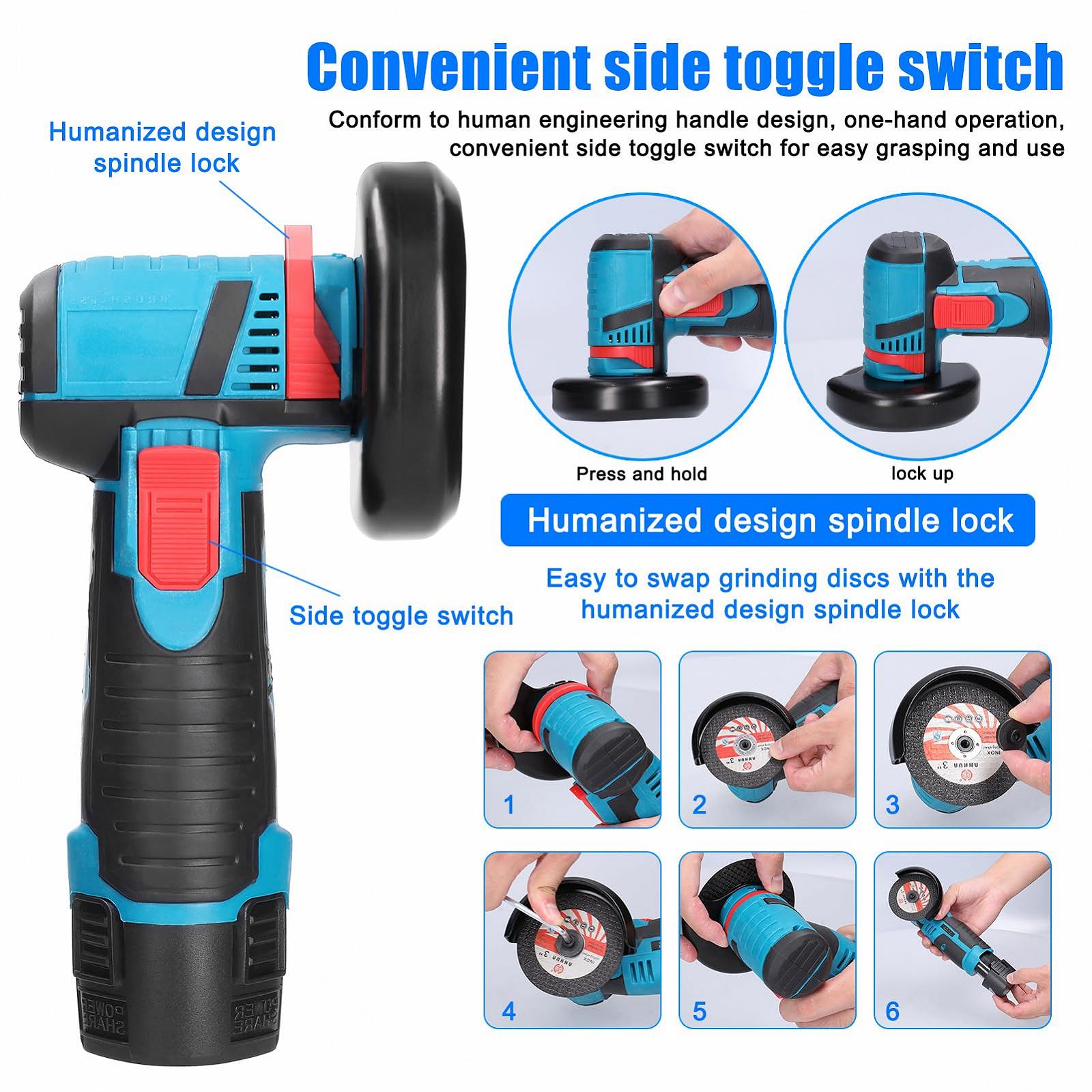Угловая Шлифовальная машина Cordless 19500RPM 12V Professional Grinder Battery 2.0Ah Cutting Discs 76mm Angle Grinder (2 Battery), фото №3