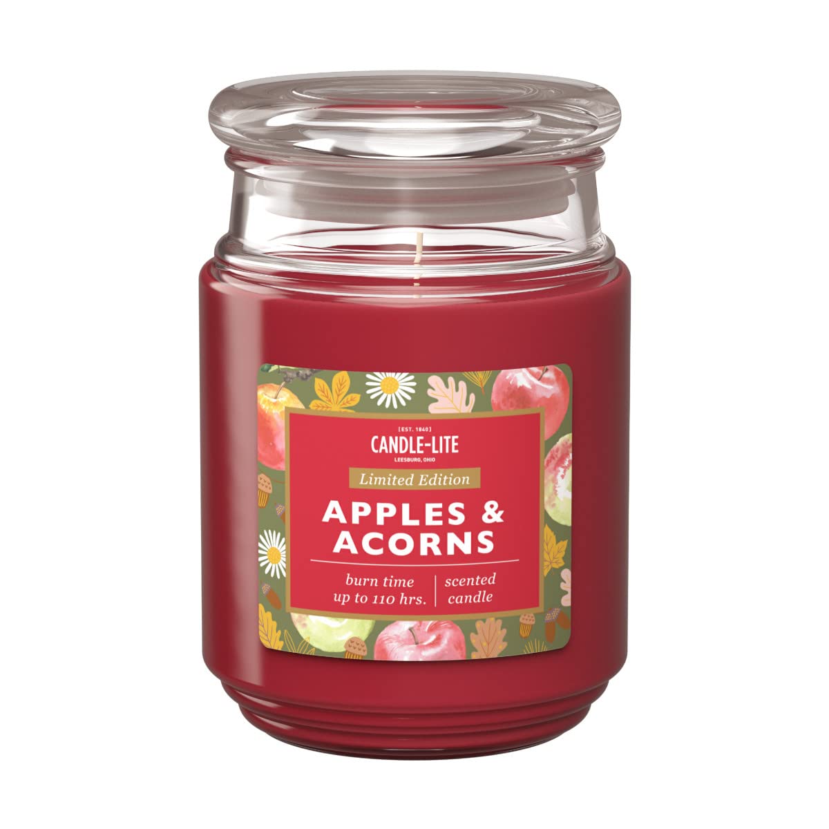 Ароматическая свеча Candle-Lite в стекле с крышкой Яблоки и Жёлуди Красная Большая (510 г), фото №1
