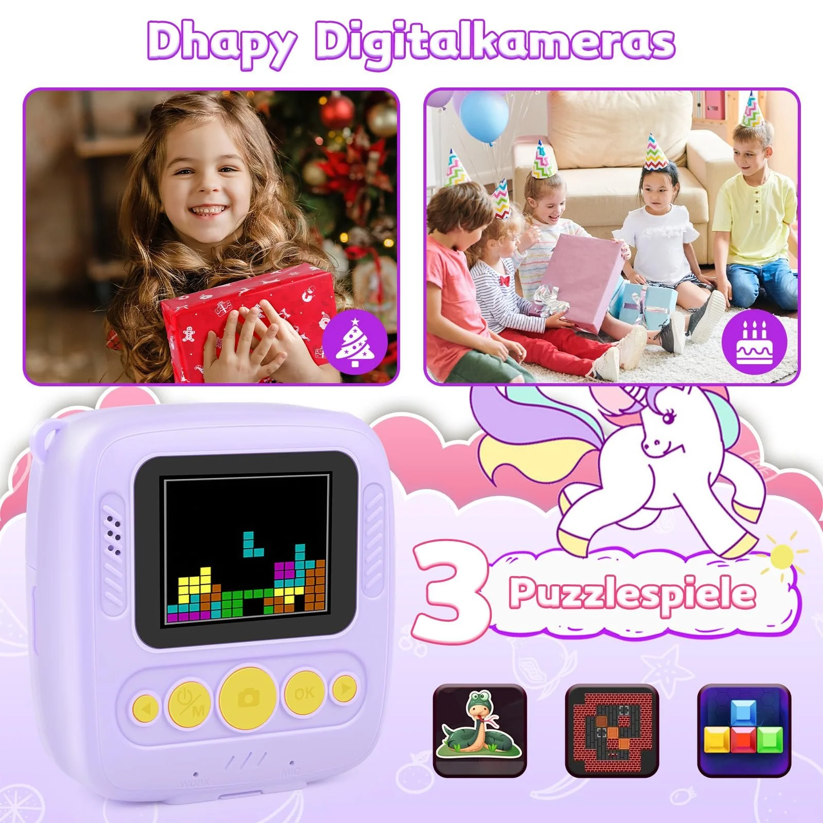 Детская цифровая фотокамера мгновенной печати 48MP 1080P с бумагой для печати и картой TF 32G Пурпурная (розовая), фото №6