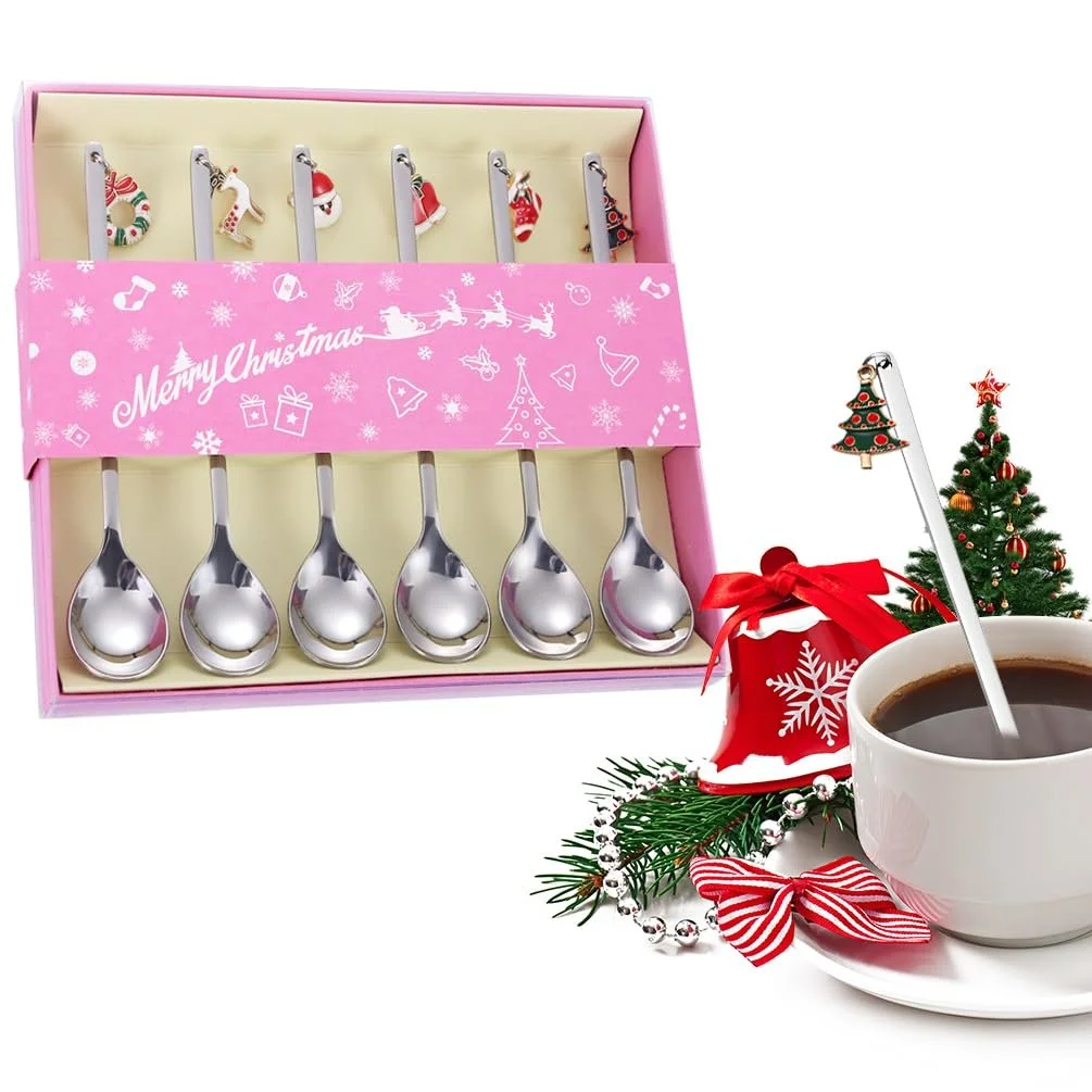 Набор рождественских ложек, 6 штук, кофейные ложки, нержавеющая сталь, длинная ложка с рождественским кулоном, рождественское украшение стола, рождественские столовые приборы, ложка для перемешивания рождественского десертного чая с подарочной коробкой, фото №1