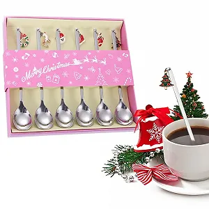 Набор рождественских ложек, 6 штук, кофейные ложки, нержавеющая сталь, длинная ложка с рождественским кулоном, рождественское украшение стола, рождественские столовые приборы, ложка для перемешивания рождественского десертного чая с подарочной коробкой - Фото 1