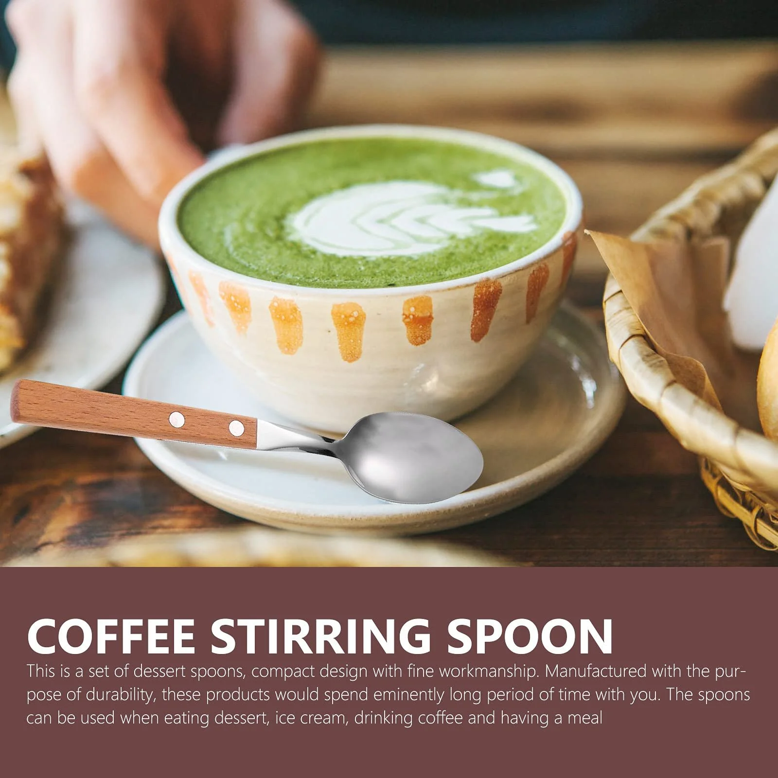 Набір з 5 десертних ложок з нержавіючої сталі з дерев'яними ручками, фото №3