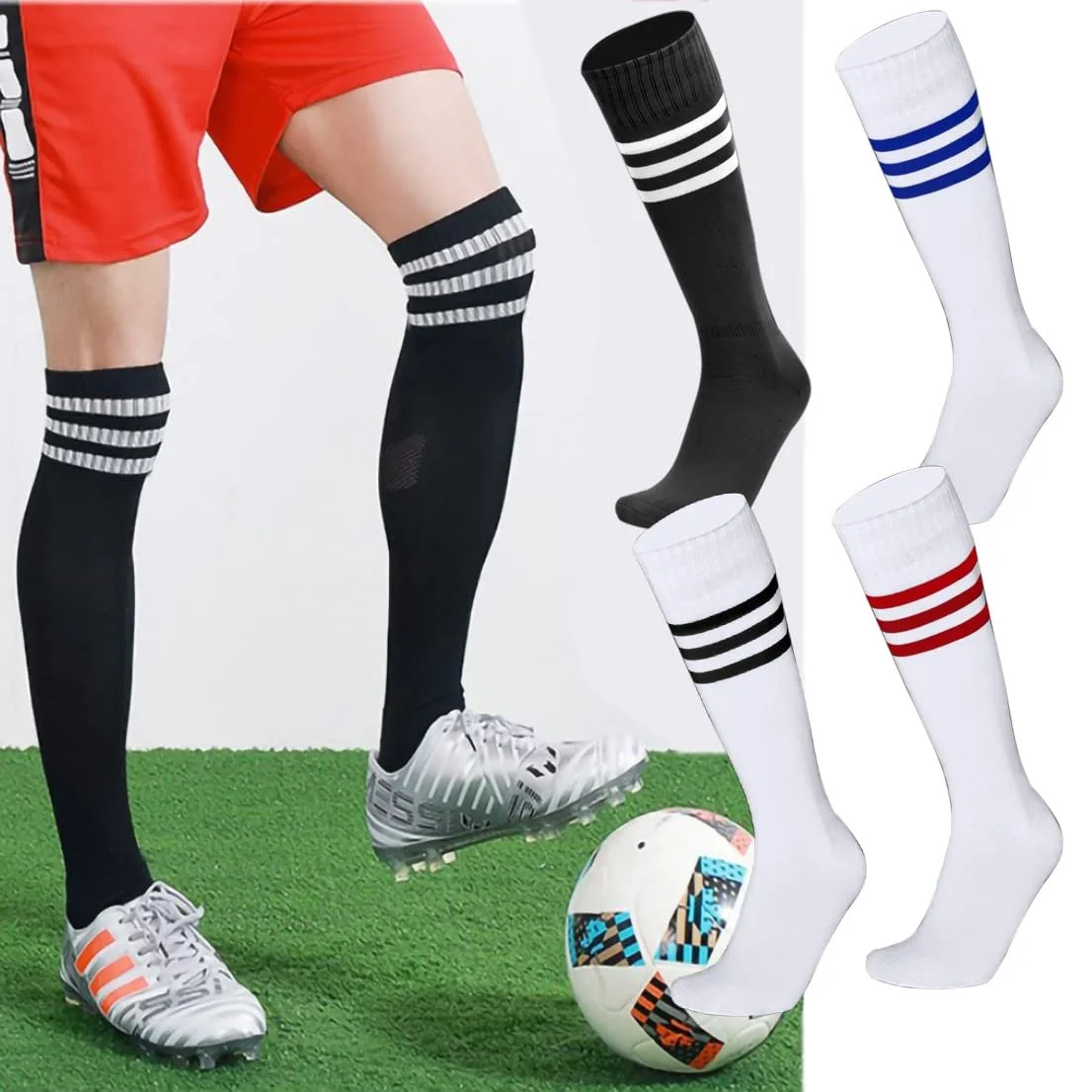 4 пари гольфів до коліна Розмір 6-11 Три смужки Шкарпетки для роликових ковзанів, фото №6