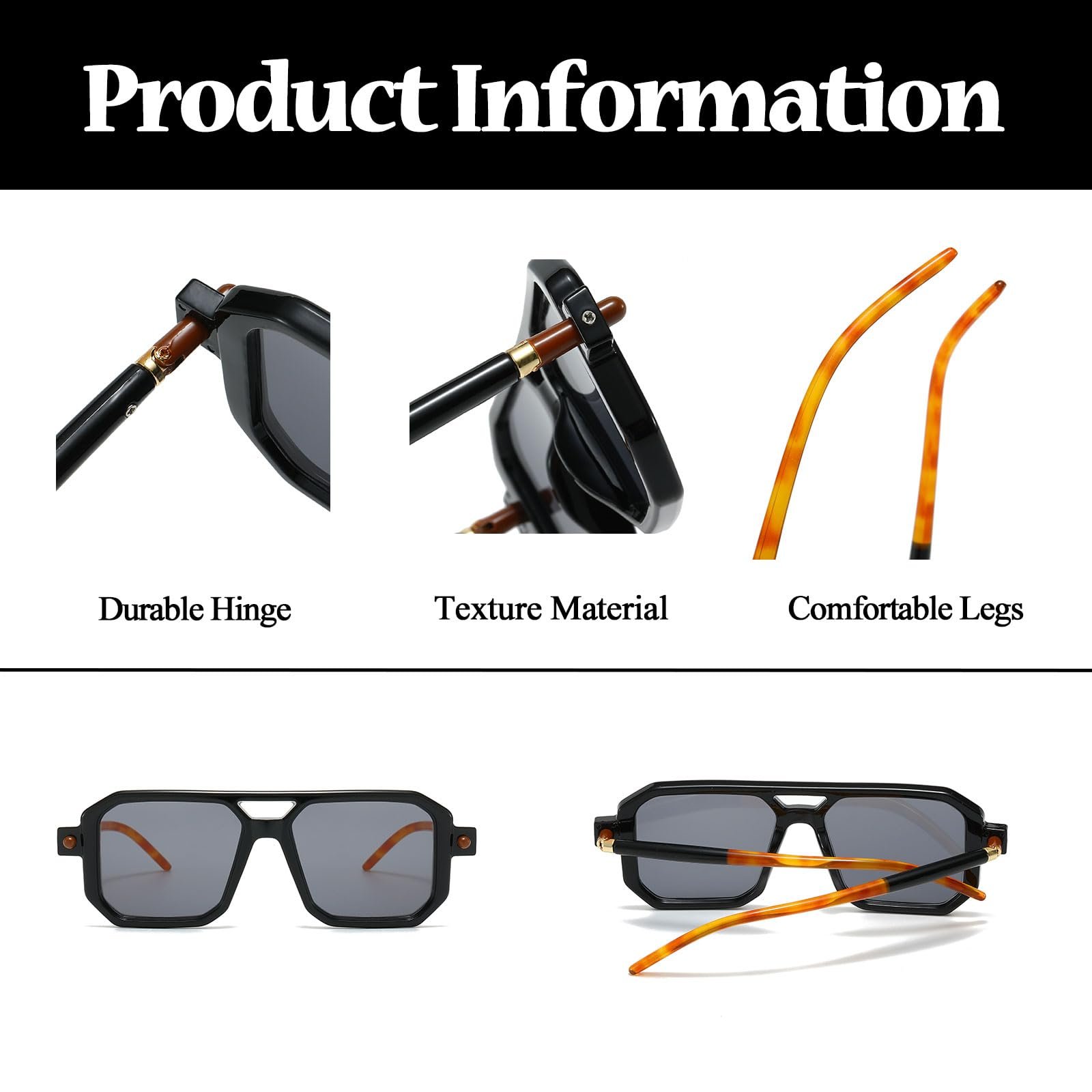 Сонцезахисні окуляри Квадратні Retro 70s LJCZKA Класичні Авіатори Плоскі Квадратні з подвійним містком UV400, фото №4