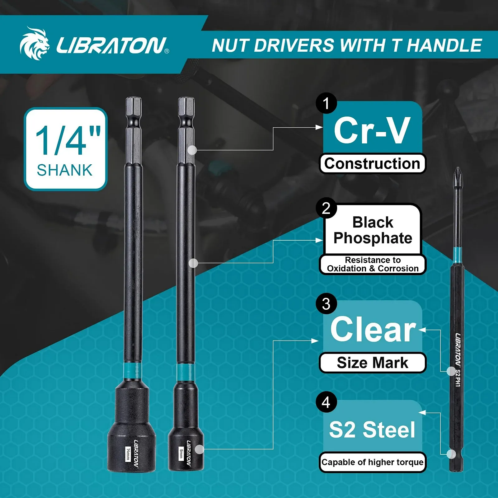 Набір магнітних подовжених головок LIBRATON 27 предметів 1/4 дюйм з Т-подібною тріскачкою Metric SAE S2 Bit Holder, фото №6