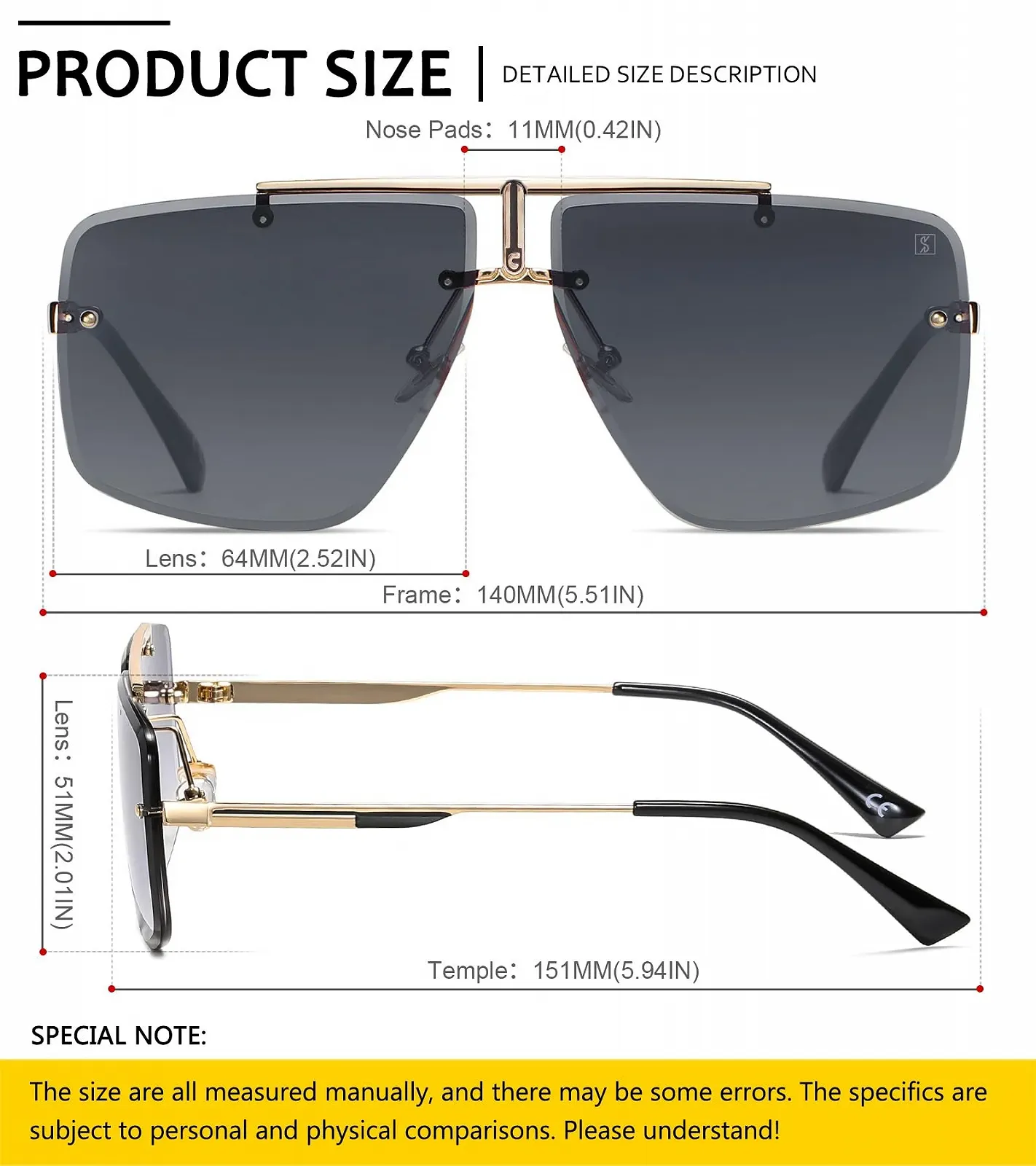 Сонцезахисні окуляри Квадратні Ретро SHEEN KELLY для чоловіків і жінок Без оправи, фото №2