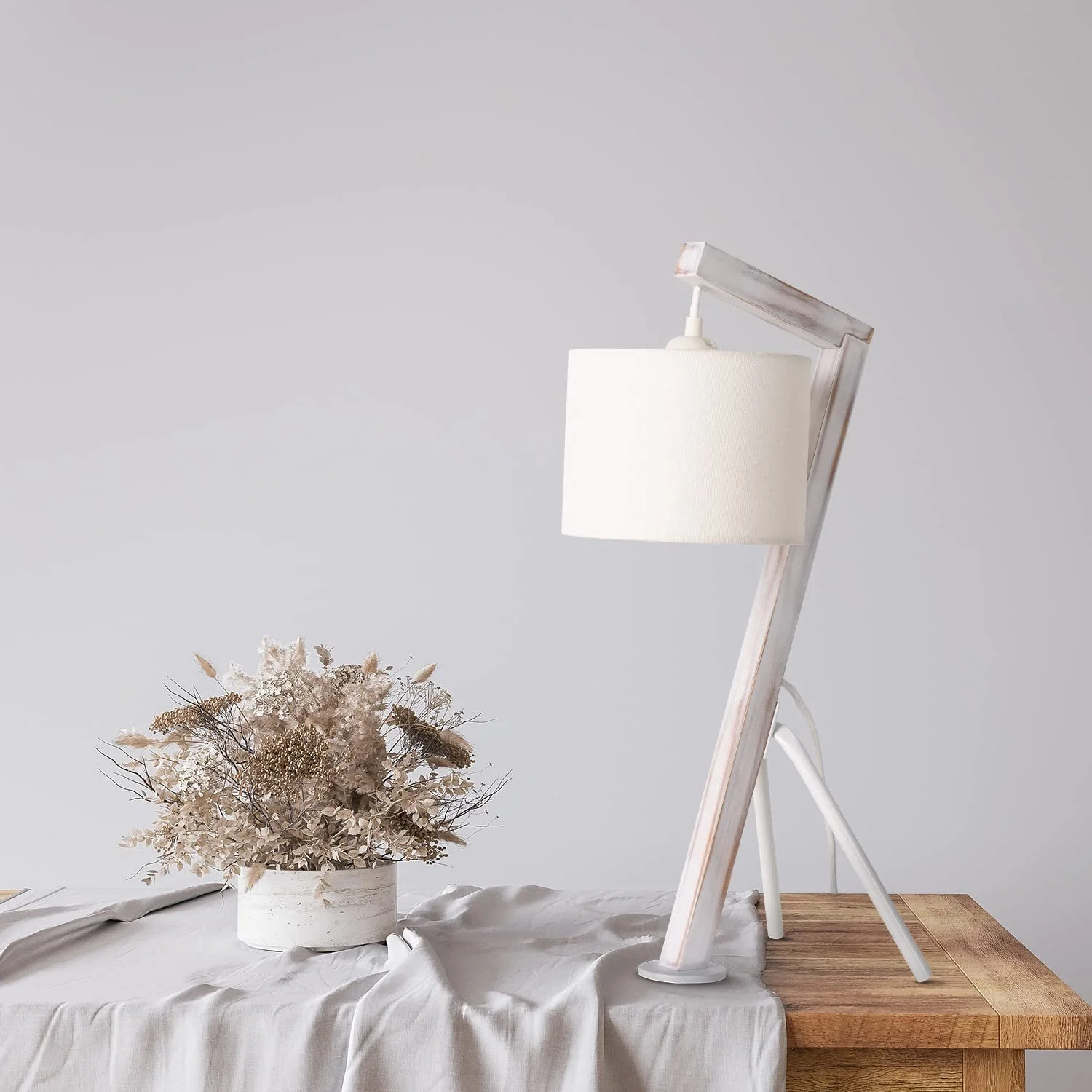 Настільна лампа Paco Home ретро E27 дерев'яна з тканинним абажуром сірий/білий, фото №3