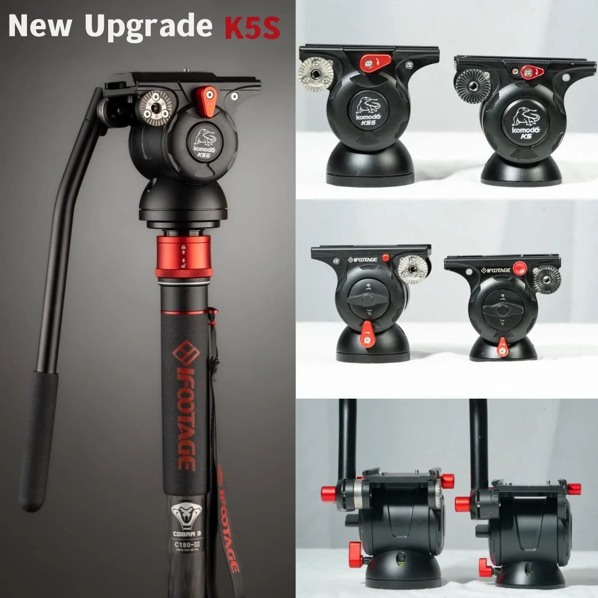 Монопод IFOOTAGE Cobra 3 C180F-P & Komodo K5S Carbon Fibre с треножным основанием и видеоголовкой, фото №6