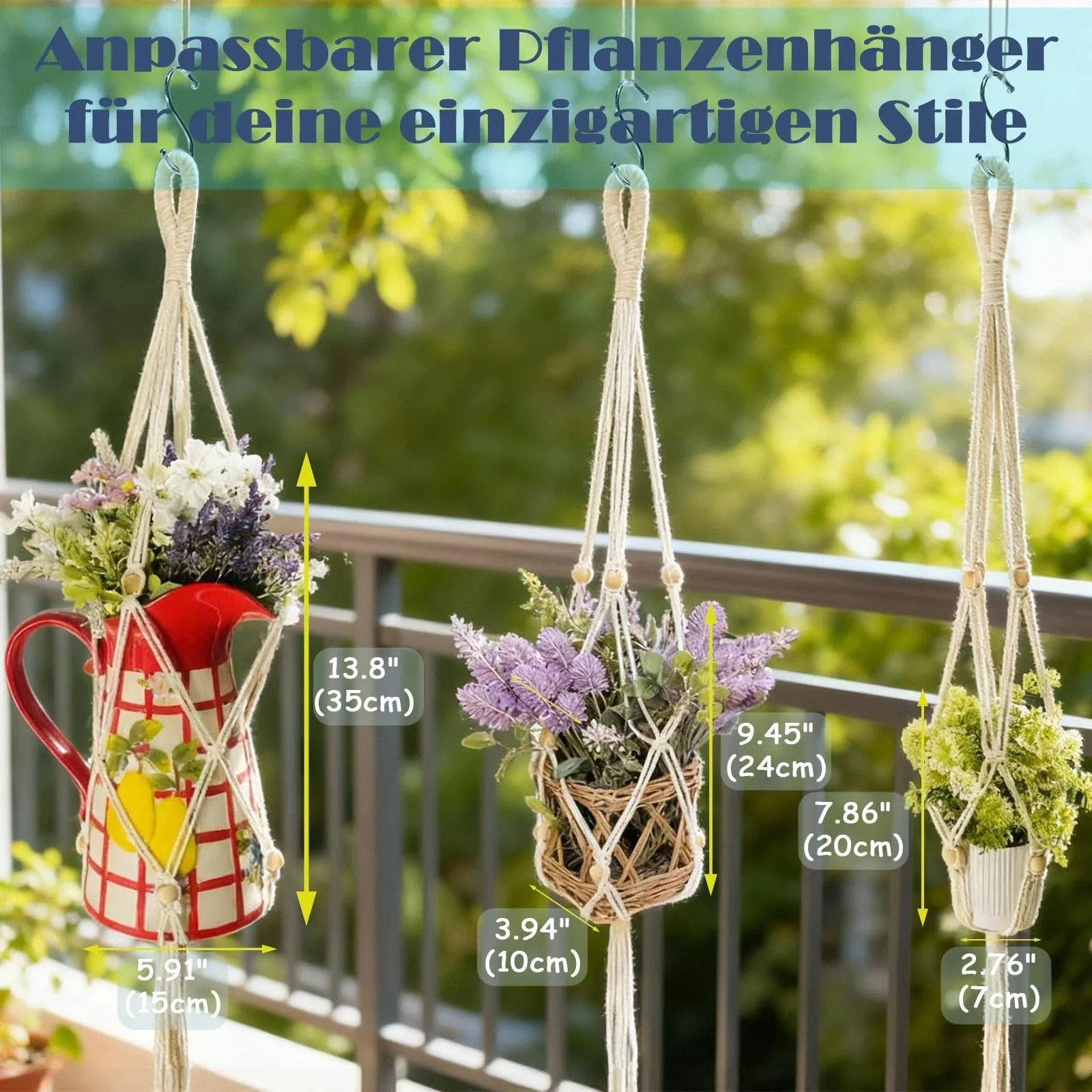 Подвесное кашпо макраме 2 шт. Хлопковый держатель для растений в стиле бохо с кисточками и крючками 90 см Белый, фото №4