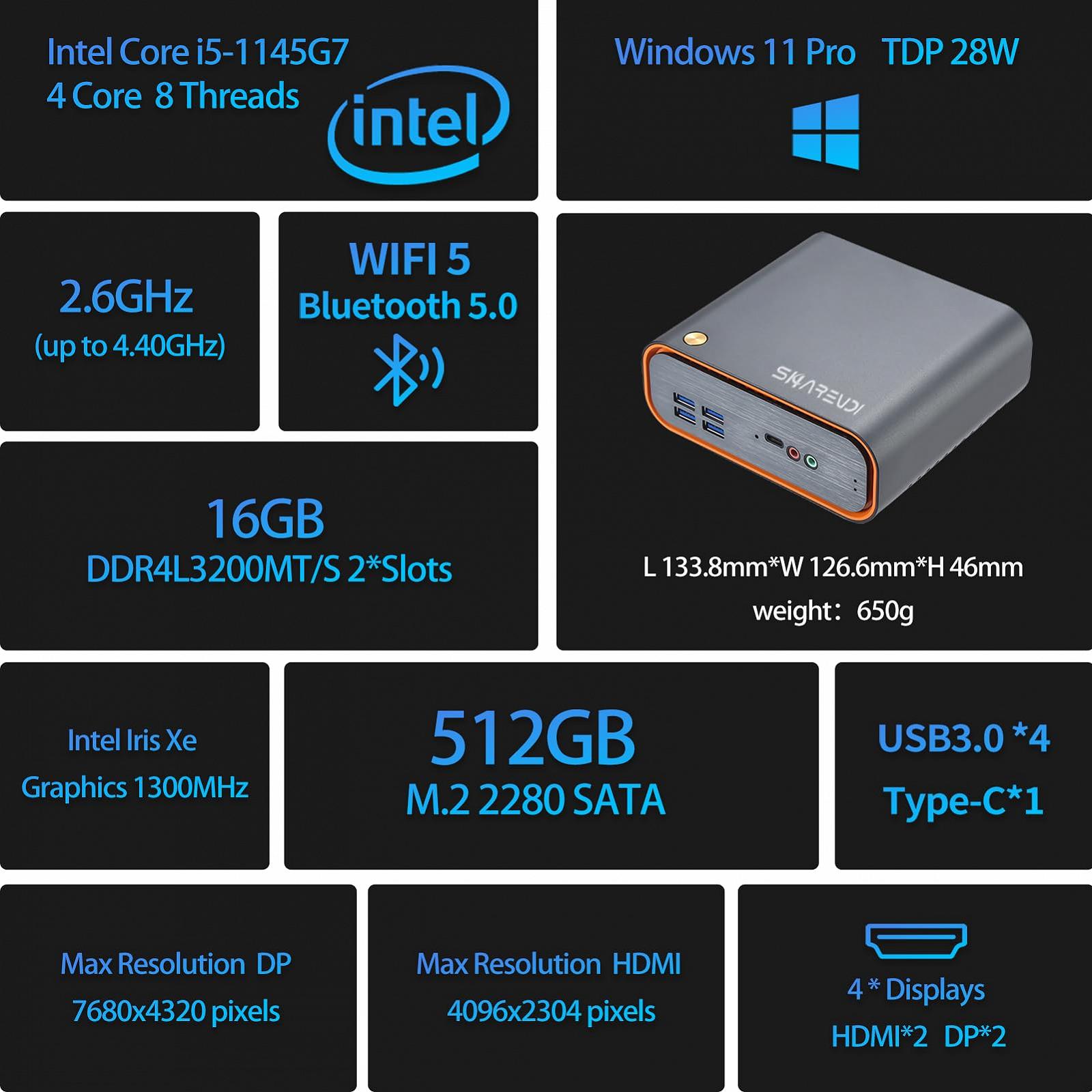 Мини ПК Sharevdi 11-го поколения In-tel Core i5 1145G7 до 4.40GHz Win 11 Pro 16GB DDR4 512GB SSD 8K Четыре Монитора WiFi5 Bluetooth 4.2, фото №6