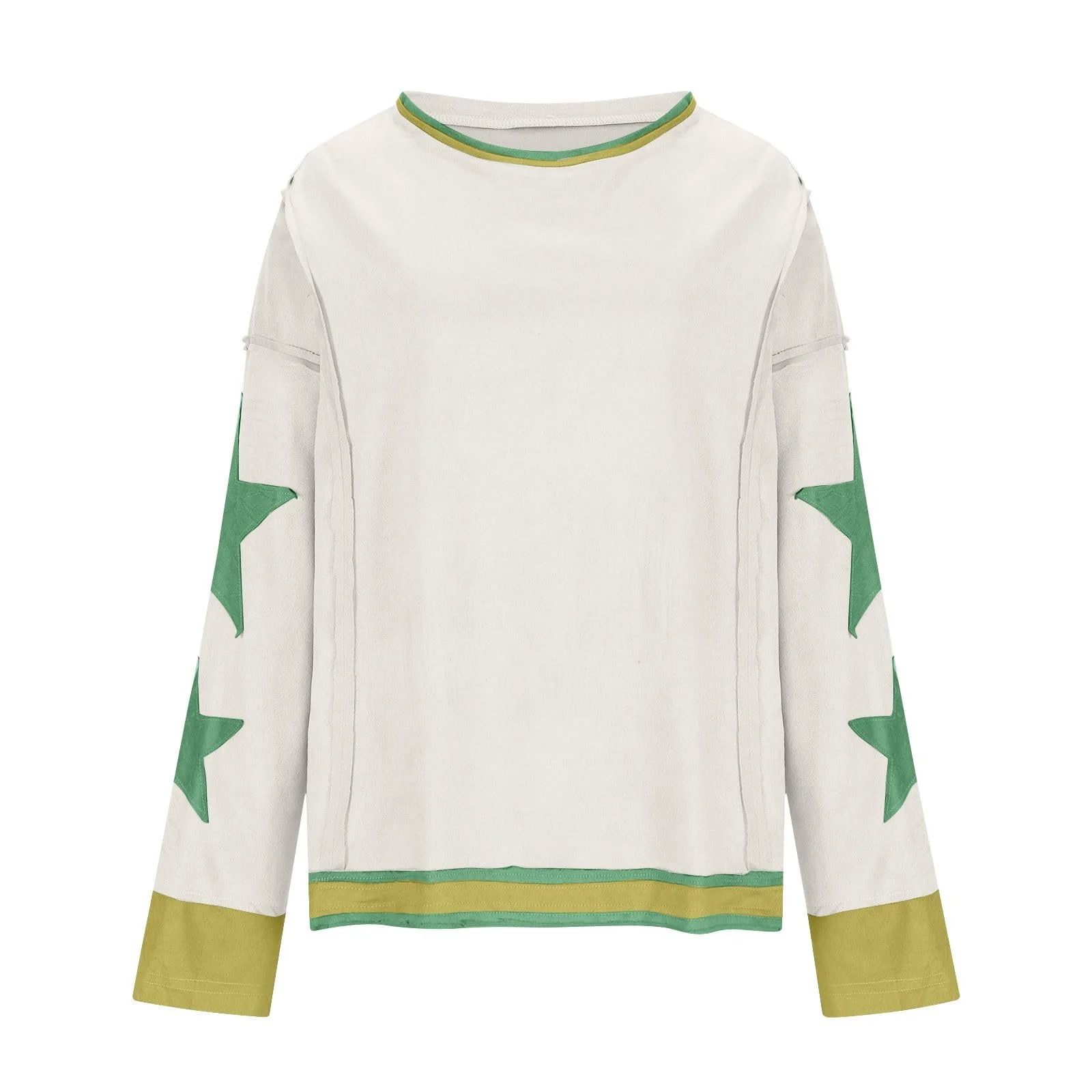 Свитшот NZYIHAO Oversize Женский Повседневный Звездный Принт Длинный Рукав Пэчворк Топы Длинный Рукав Круглый Вырез Джемпер Полосатая Рубашка Цветной Блок Туника Зимняя Длинная Рубашка Streetwear, фото №4