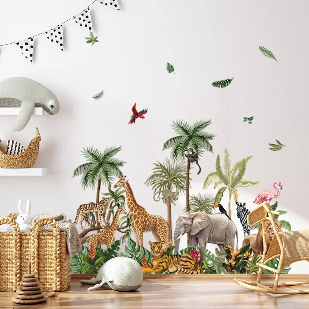 Наклейка на стіну milaosk Animals of the Rainforest Jungle Giraffe Elephant Lion Tiger Leaves велика, фото №3