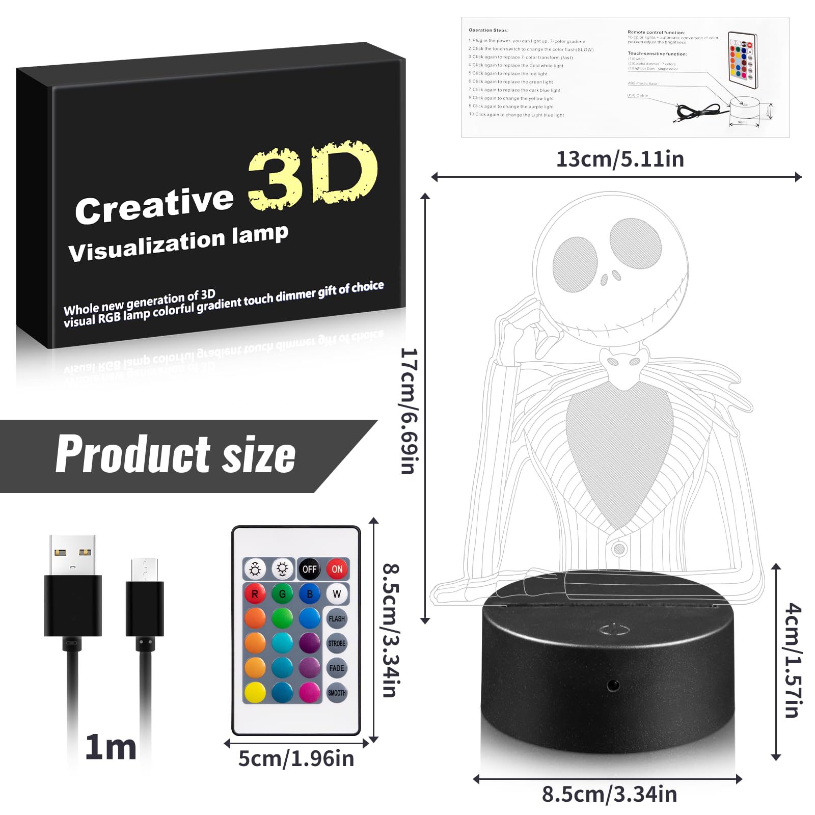 Лампа 3D LED Moocuca з ілюзією, нічник з дистанційним керуванням, 16 кольорів, регульована яскравість, фото №2