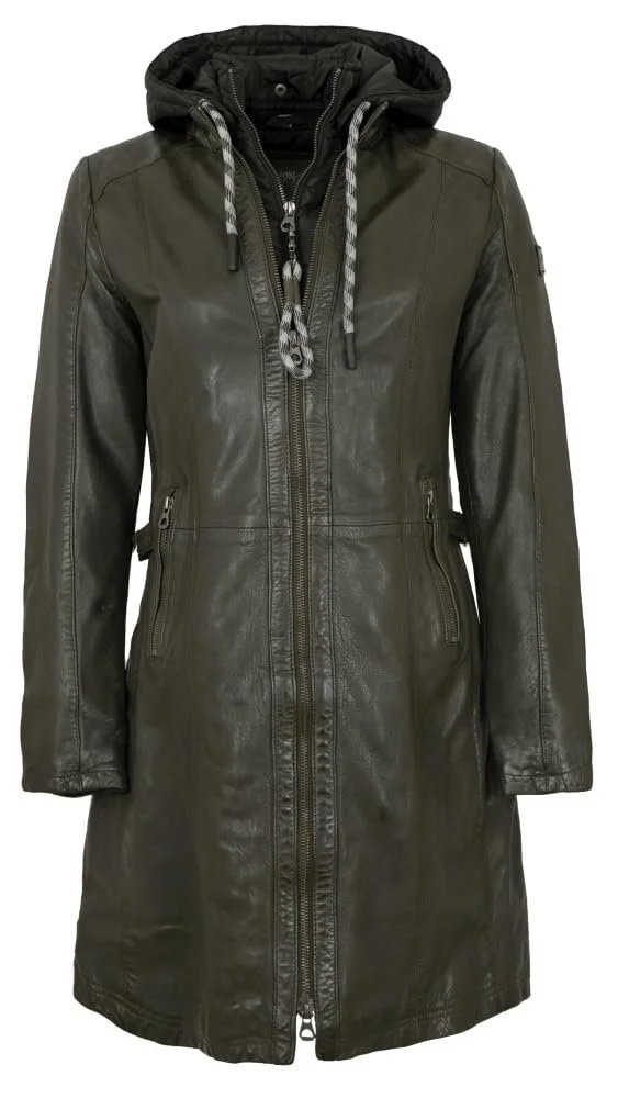 Шкіряне пальто з капюшоном Gipsy by Mauritius Lamb Nappa оливкового кольору, фото №1