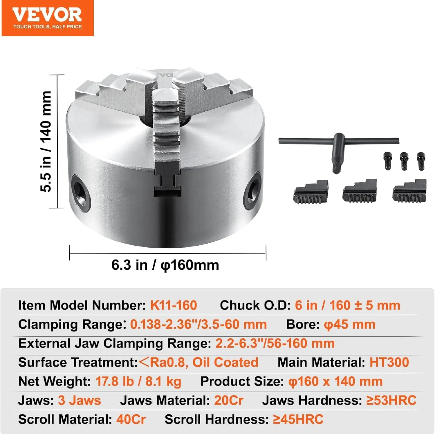 Патрон токарний Vevor K11-80 Silver, фото №7 Патрон токарний Vevor K11-80 Silver, фото №7