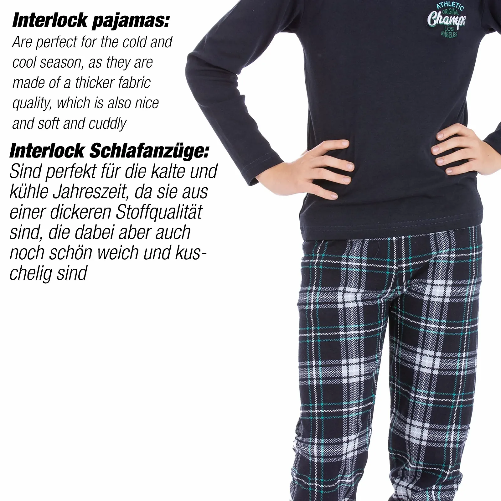 Пижама LOREZA для мальчиков, с длинными рукавами, 100% хлопок, тёплый интерлок в клетку, фото №7