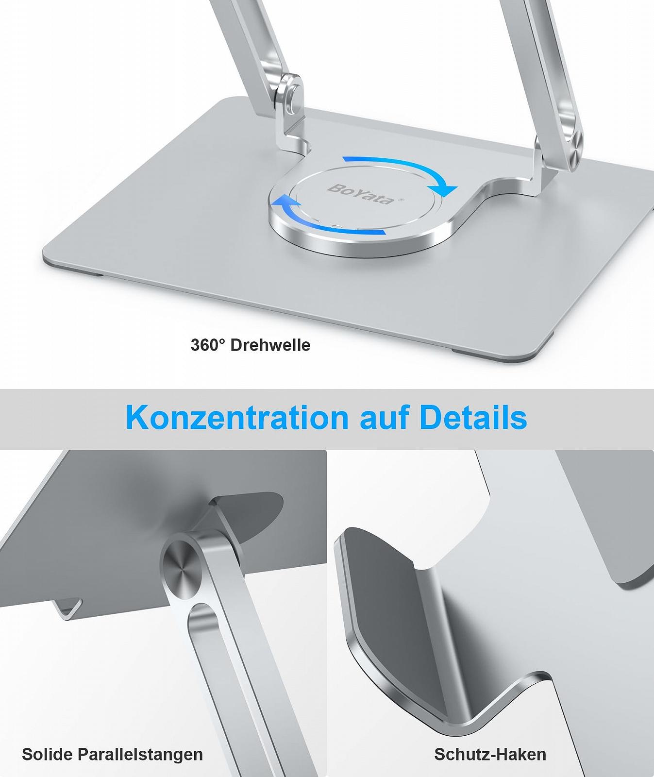 Підставка для ноутбука BoYata для столу, регульована підставка для комп'ютера з обертовою основою на 360 ергономічна складна підставка-тримач для ноутбука, сумісна з MacBook Pro/Air, ноутбуками до 17 дюймів, срібляста, фото №6 Підставка для ноутбука BoYata для столу, регульована підставка для комп'ютера з обертовою основою на 360 ергономічна складна підставка-тримач для ноутбука, сумісна з MacBook Pro/Air, ноутбуками до 17 дюймів, срібляста, фото №6