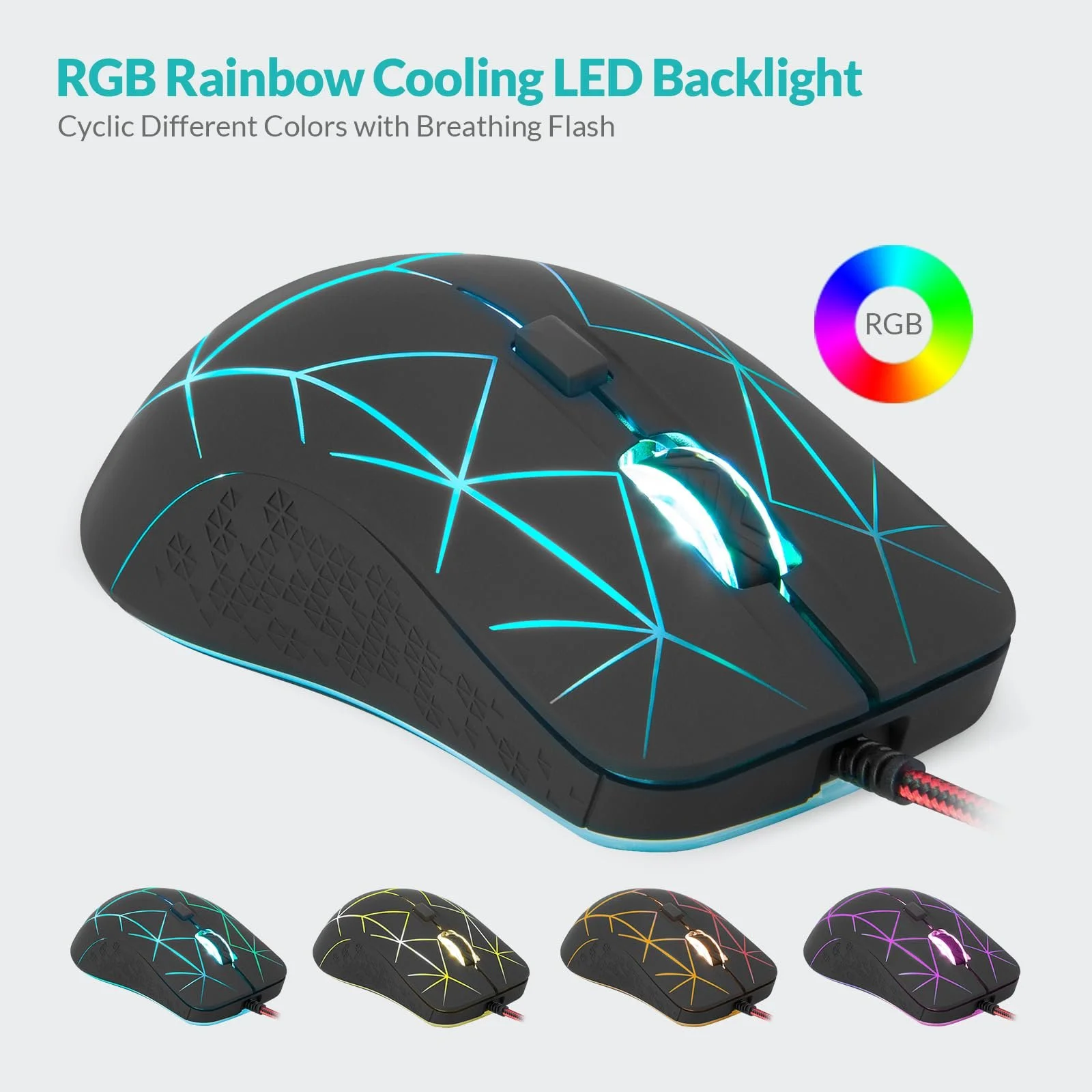 Мышь игровая Rii оптическая, 6 кнопок, 1200/1600/2400/3200 DPI, RGB, узор Burst, USB кабель 150 см, черная, фото №4
