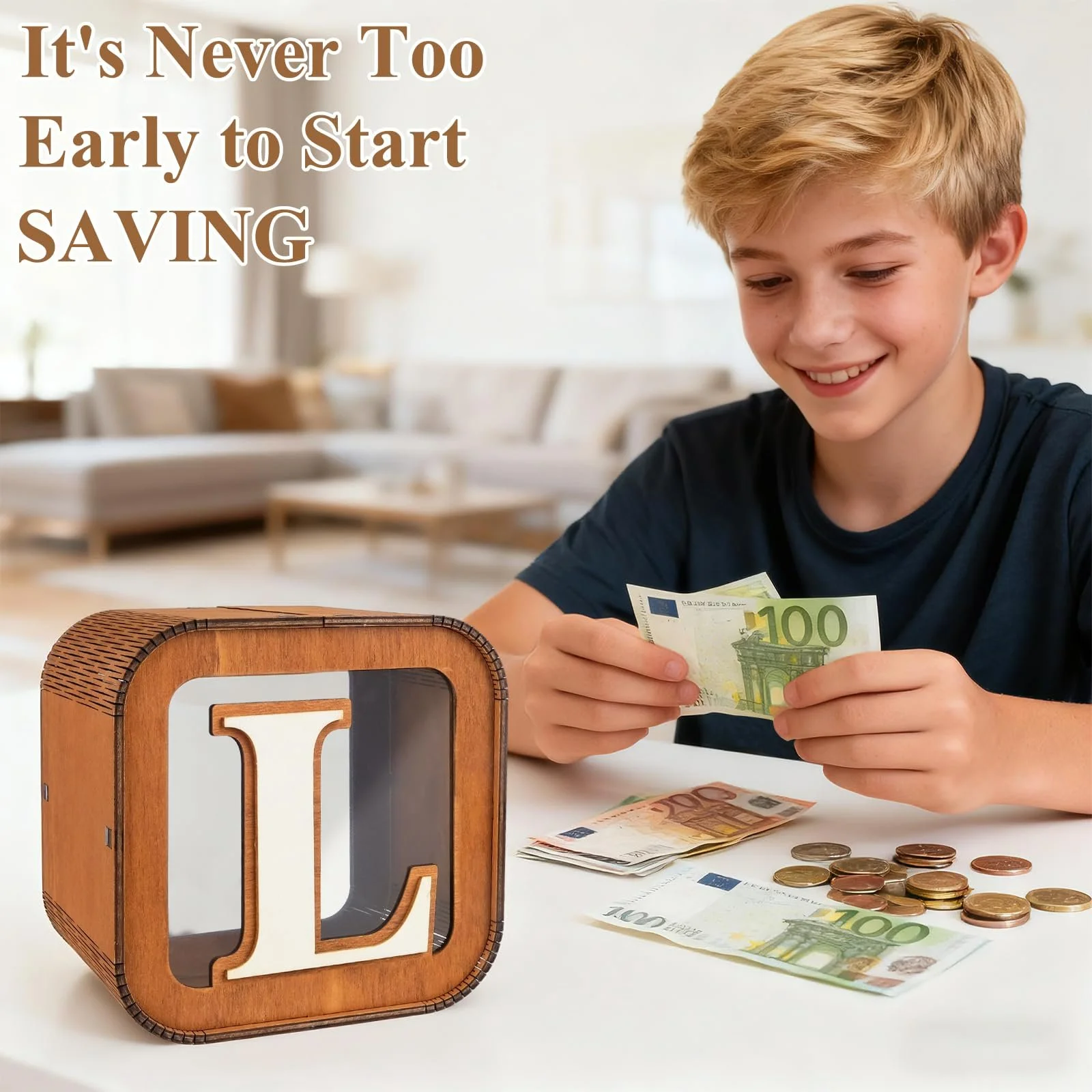 Скарбничка дитяча персоналізована Алфавіт A-Z дерев'яна креативна велика (L), фото №5