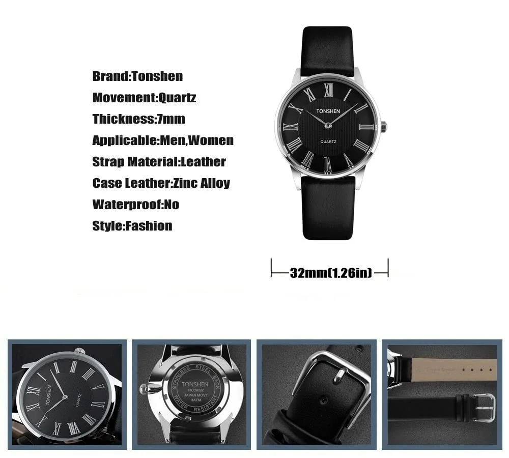 Аналоговий годинник TONSHEN Кварцовий Сріблястий нержавіюча сталь Чорний шкіряний ремінець, циферблат 7 мм, фото №2