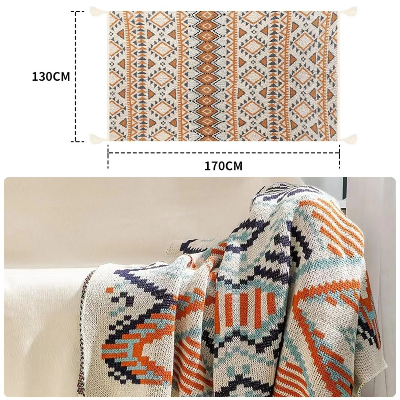 Покривало Balakaka Boho 130 x 170 см, геометричний візерунок, з бахромою, фото №5